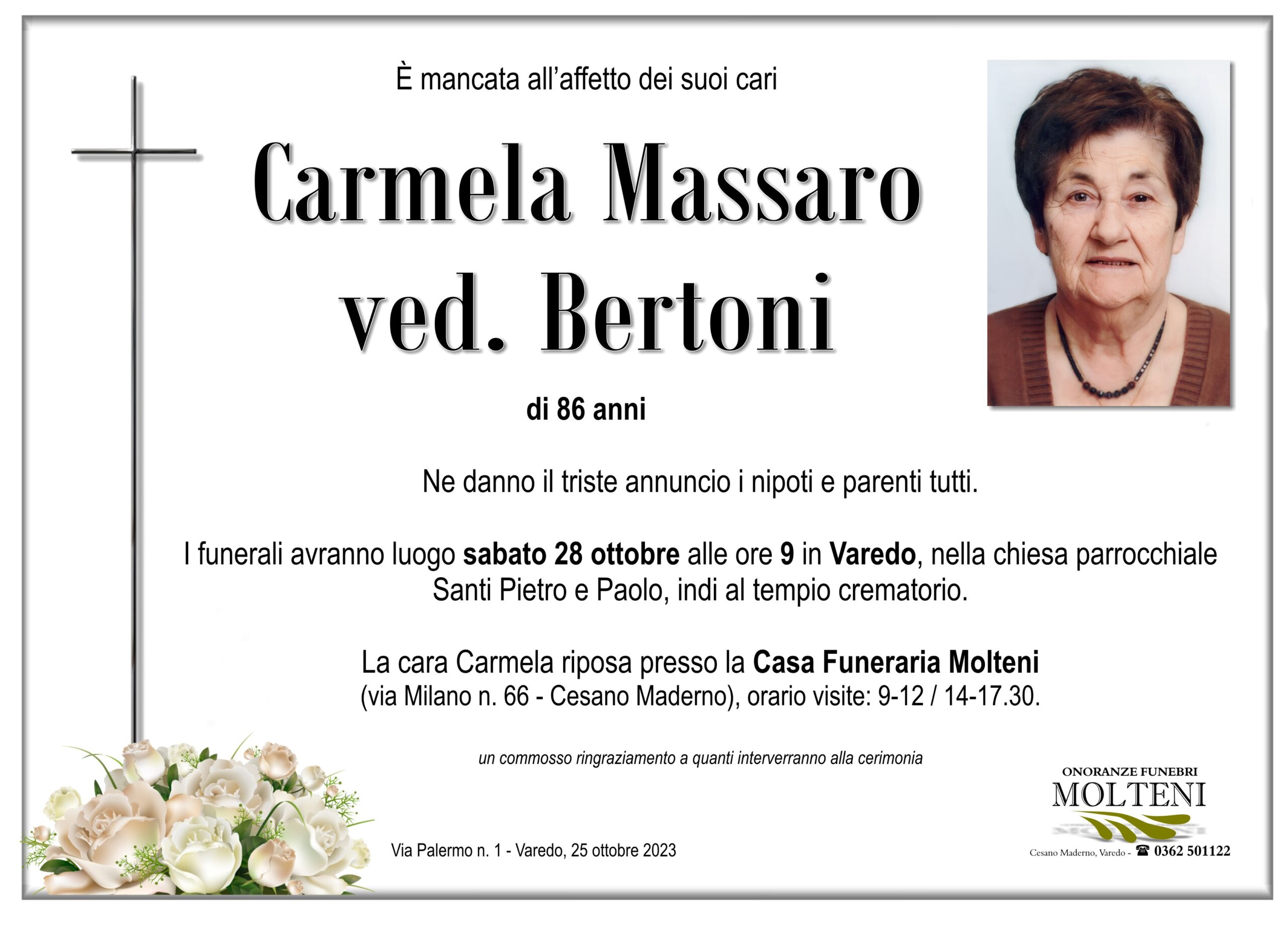 Carmela Massaro<br>ved. Bertoni<p>Classe 1936</p>