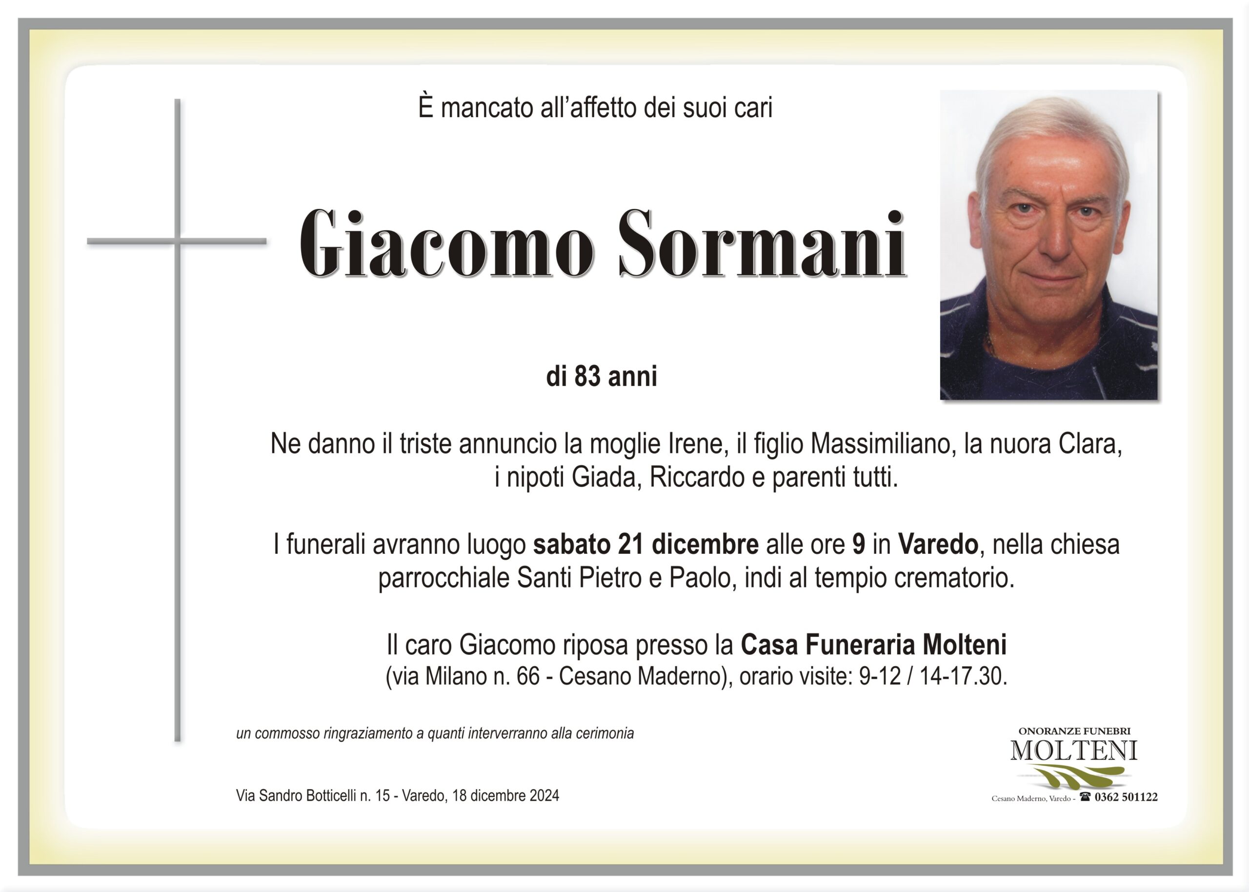 Giacomo Sormani<p>Classe 1941<p>