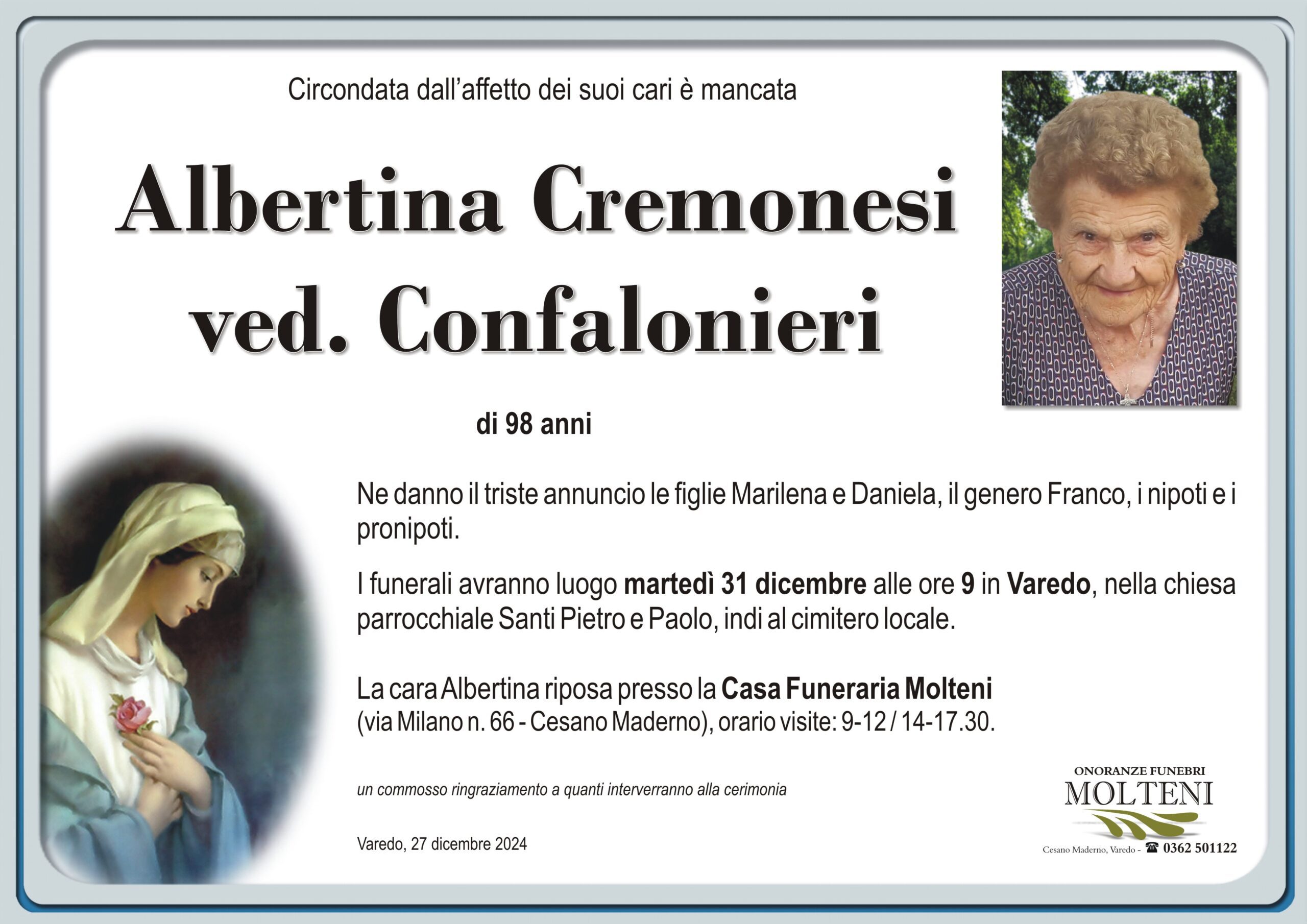 Albertina Cremonesi<br>ved. Confalonieri<p>Classe 1926<p>