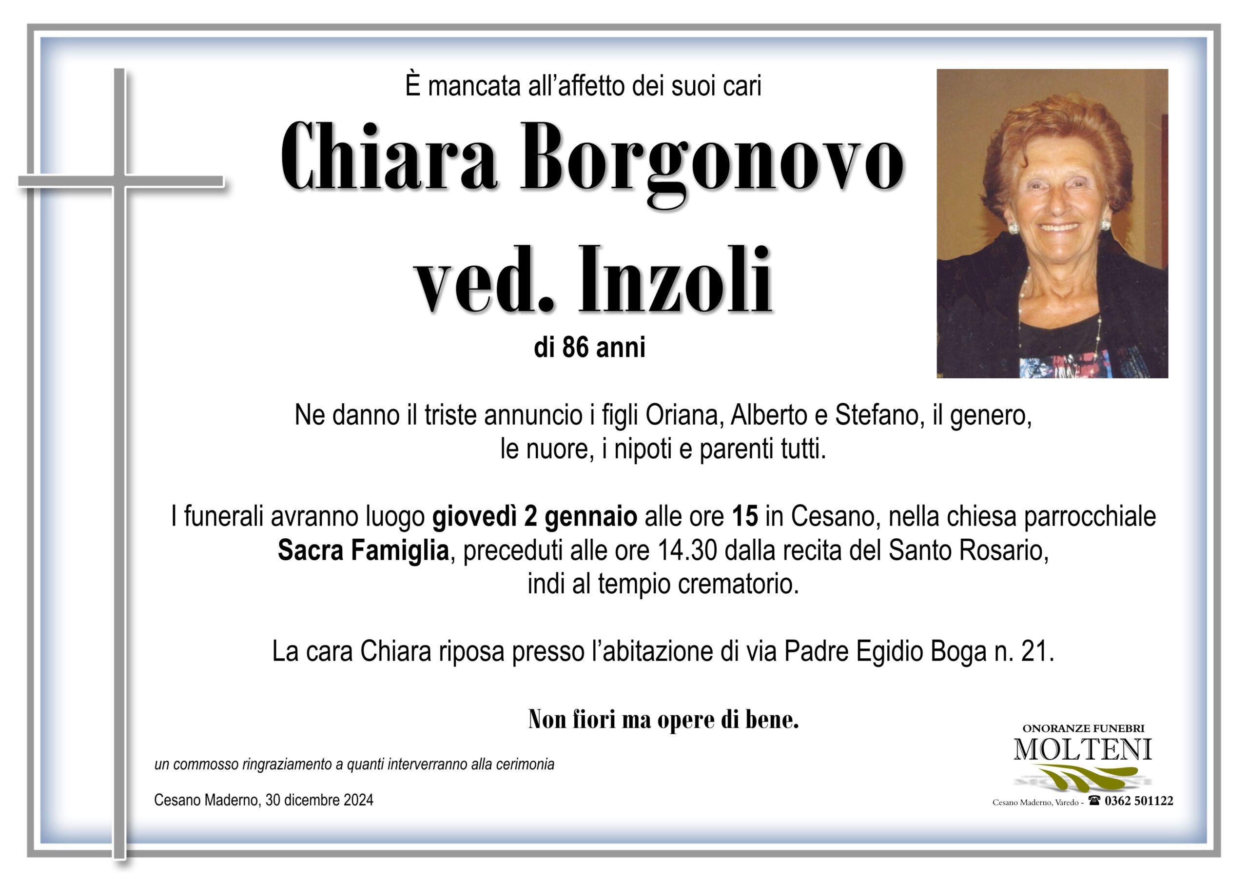 Chiara Borgonovo<br>ved. Inzoli<p>Classe 1938