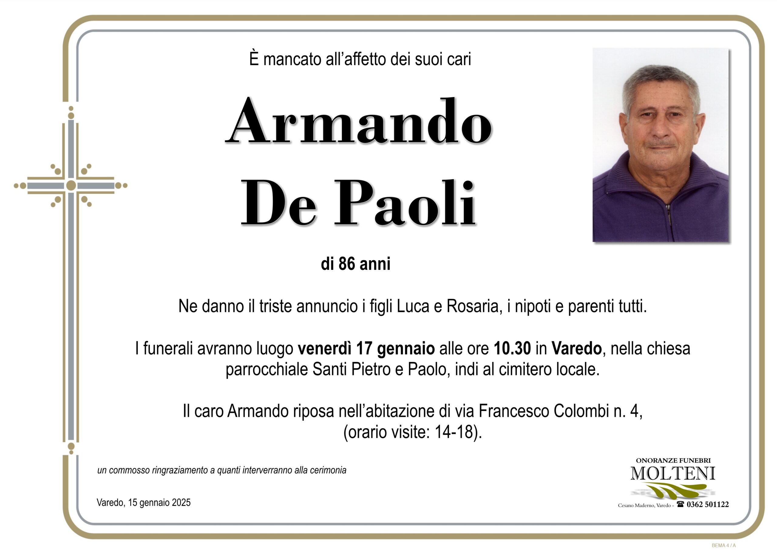 Armando De Paoli<p>Classe 1938<p>