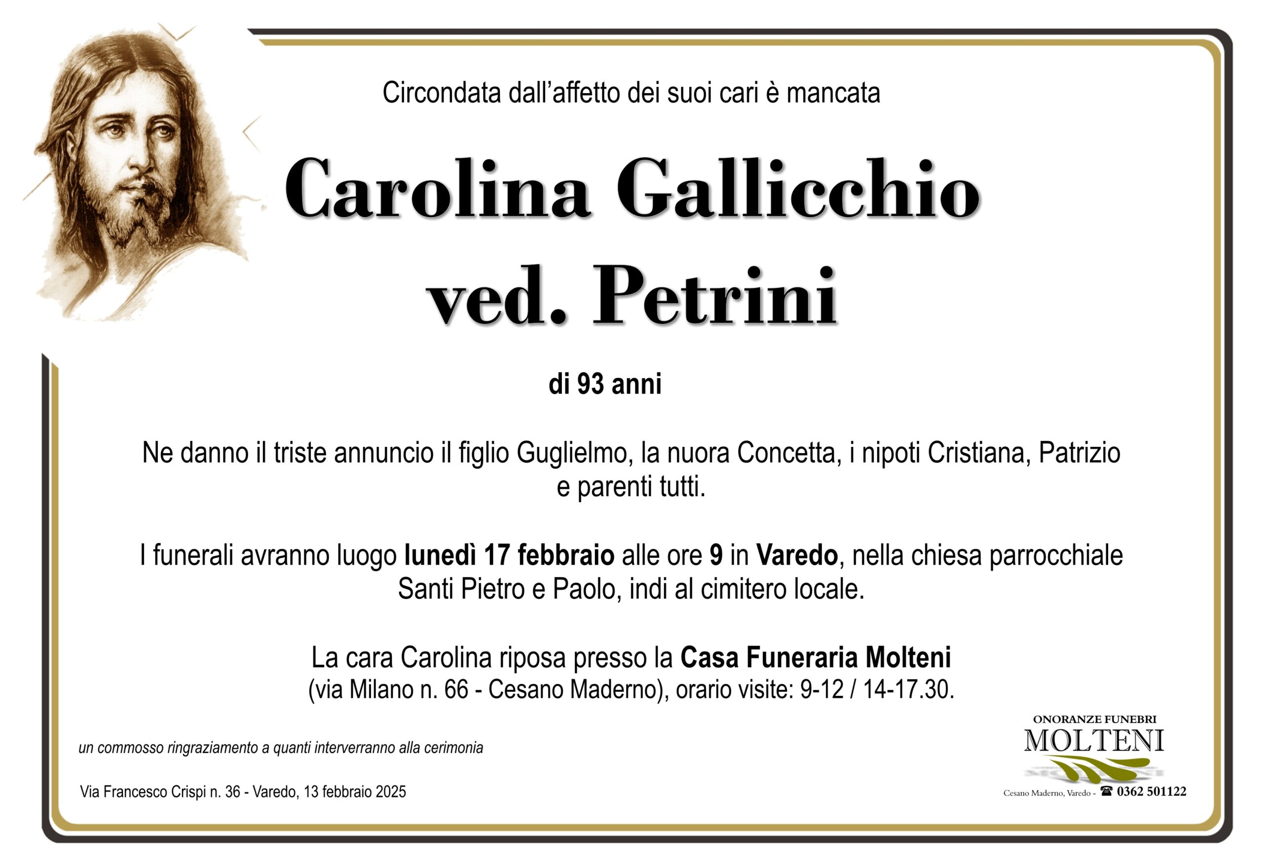 Carolina Gallicchio<br>ved. Petrini<p>Classe 1931<p>