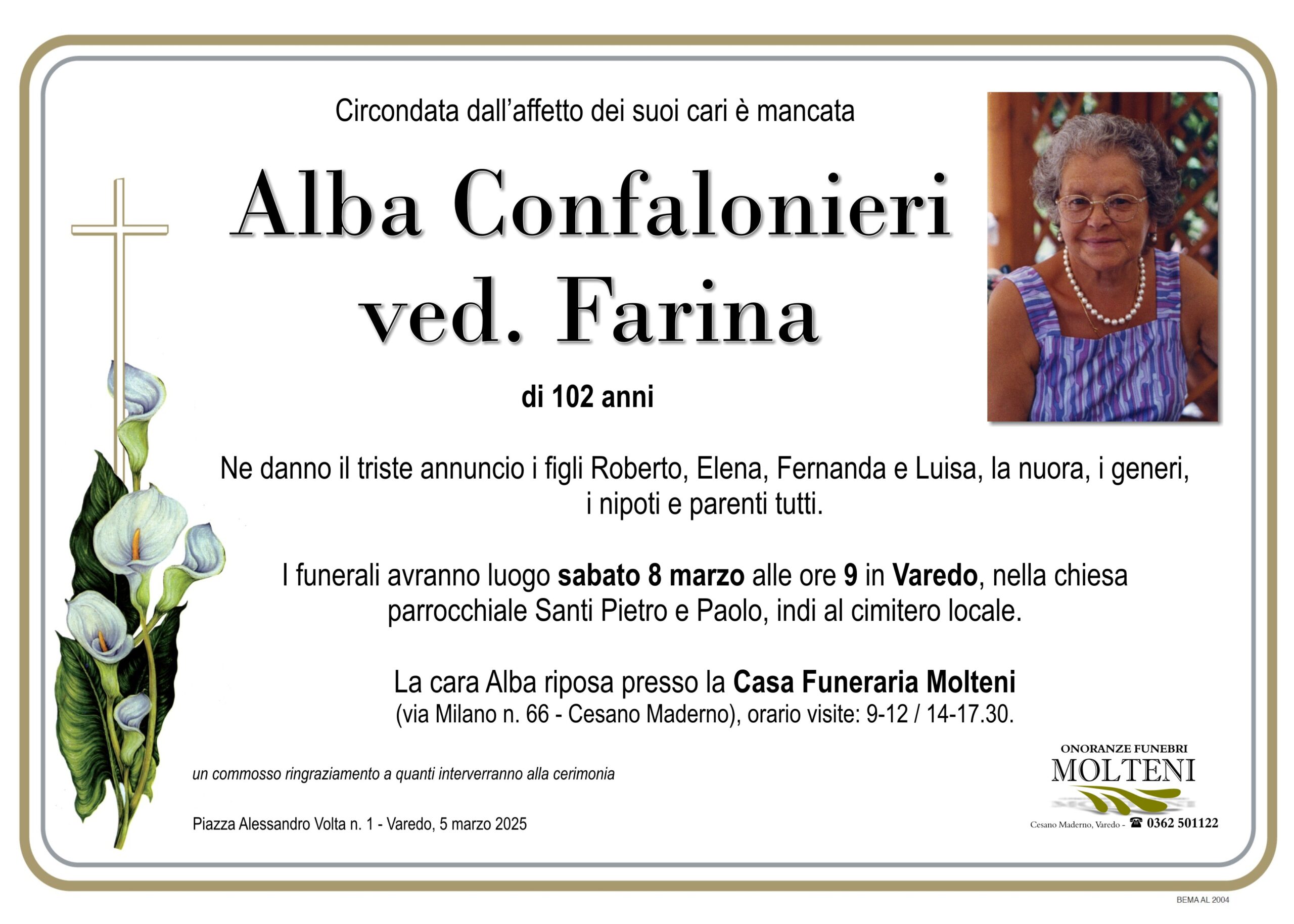 Alba Confalonieri<br>ved. Farina<p>Classe 1922<p>