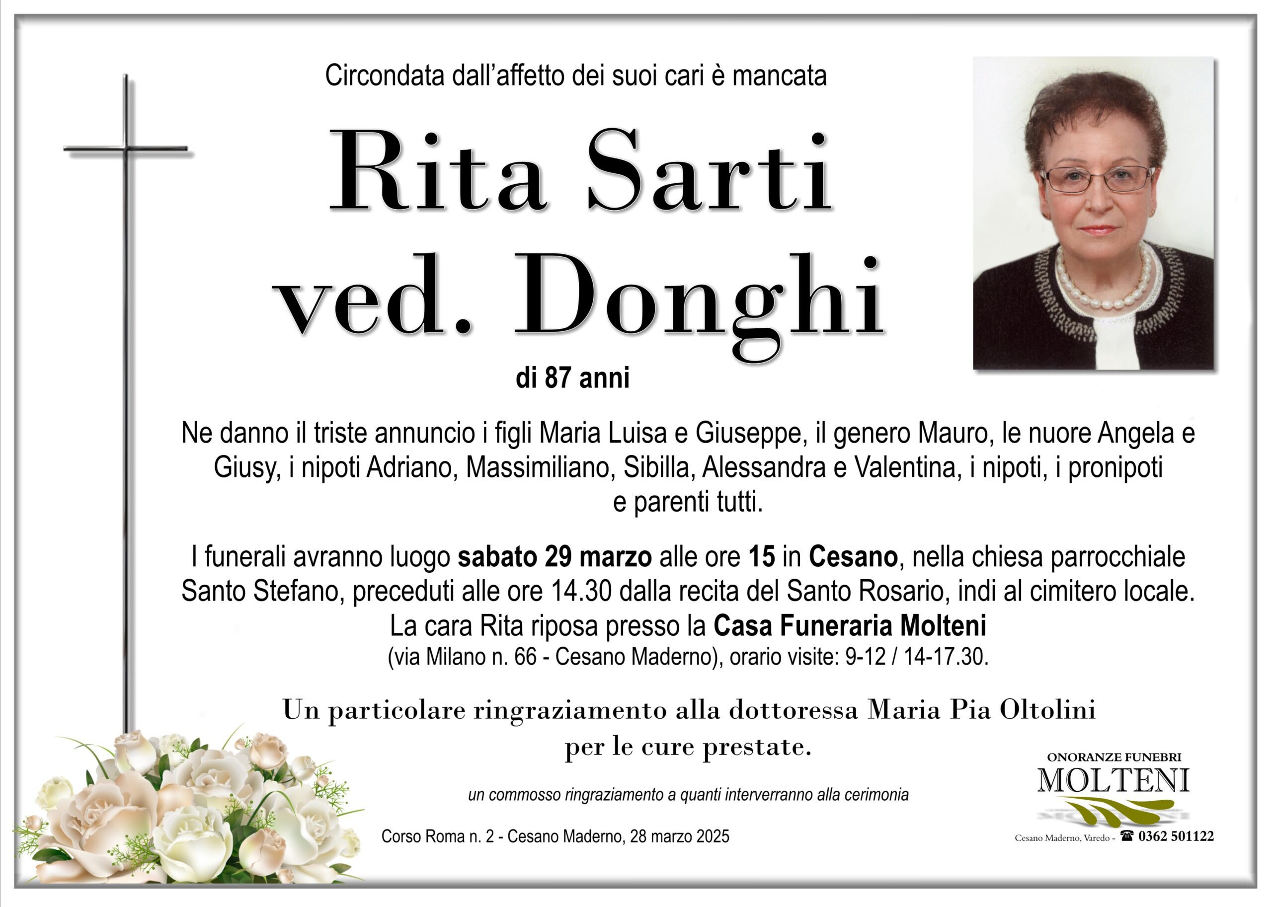 Rita Sarti<br>ved. Donghi<p>Classe 1937<p>
