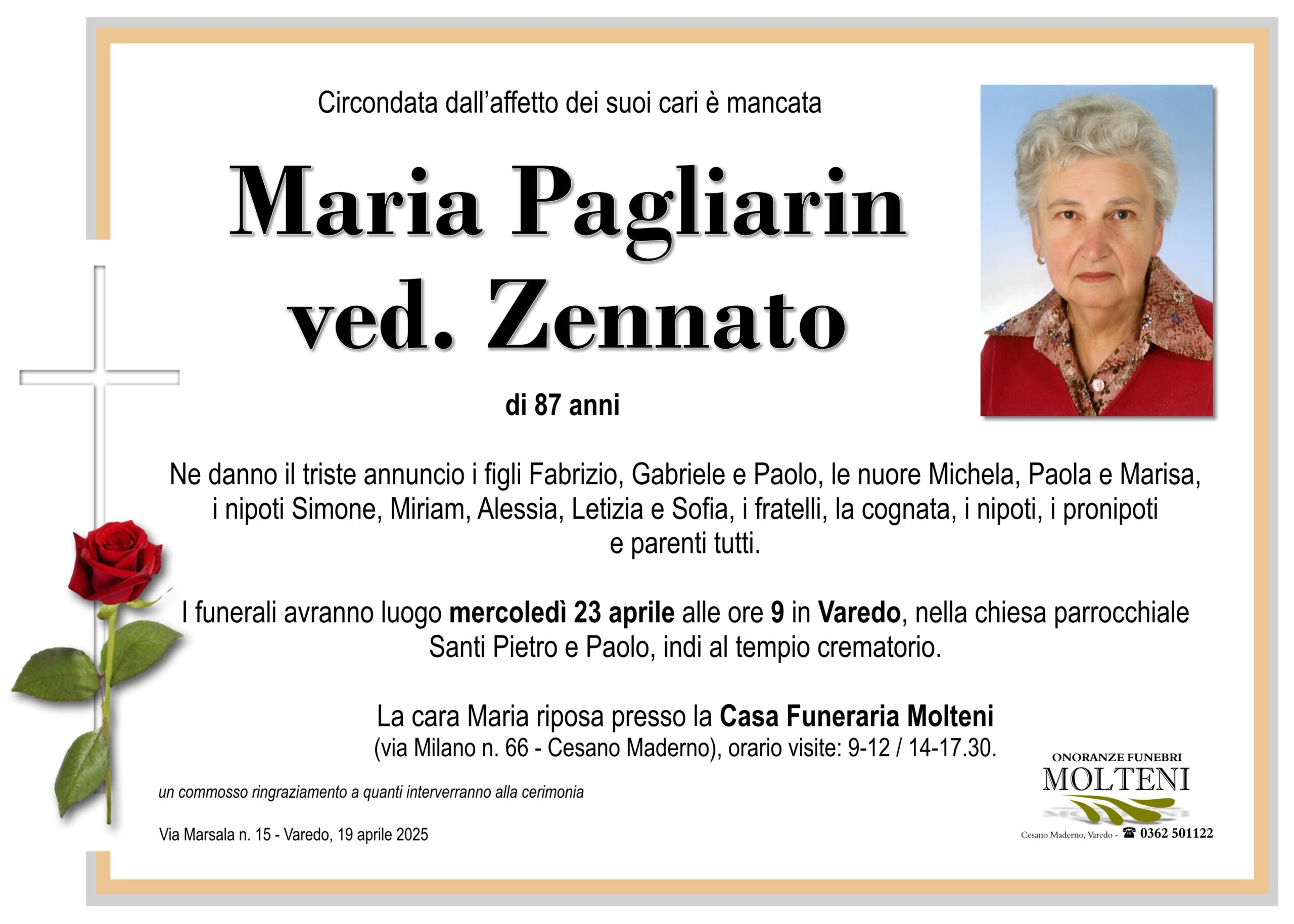 Maria Pagliarin<br>ved. Zennato<p>Classe 1937<p>