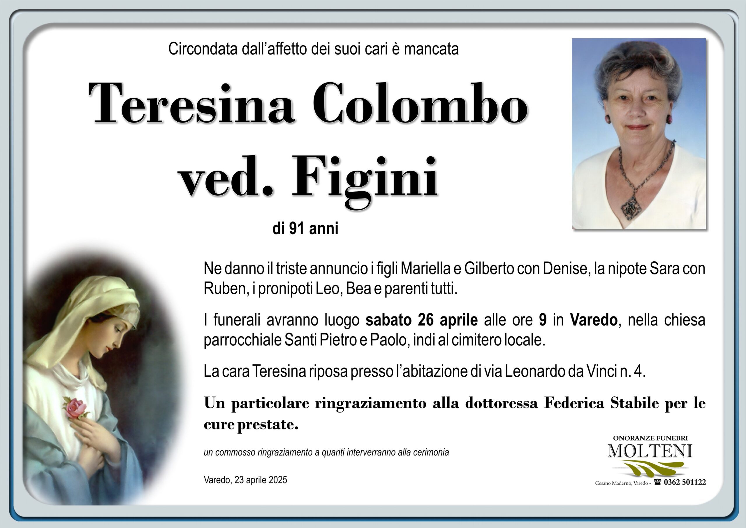 Teresina Colombo<br>ved. Figini<p>Classe 1934<p>