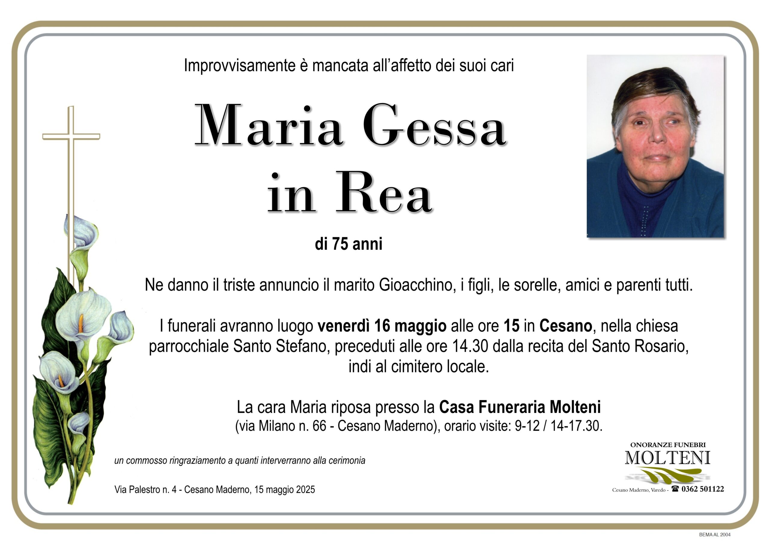 Maria Gessa<br>in Rea<p>Classe 1949<p>