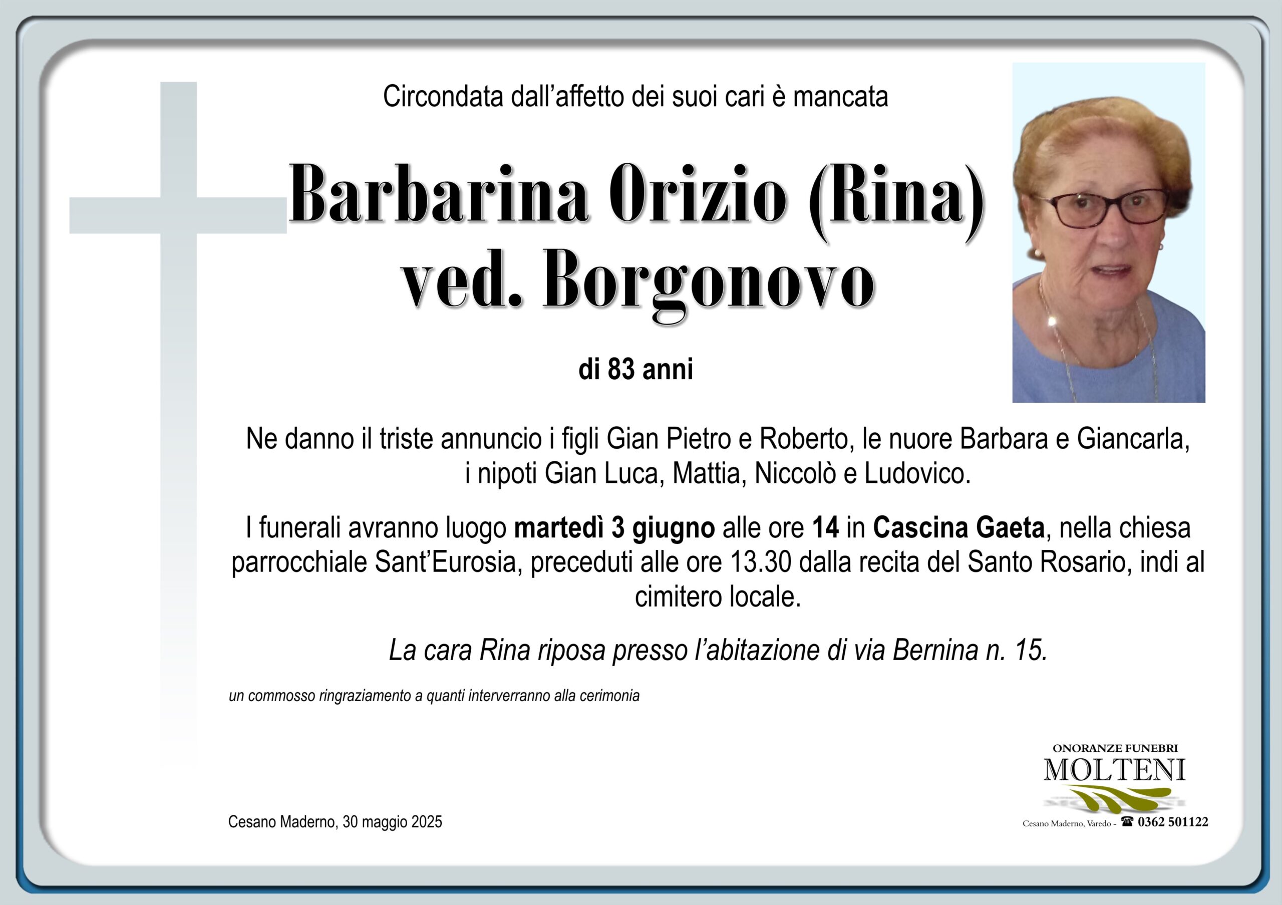 Barbarina Orizio<br>ved. Borgonovo<p>Classe 1941