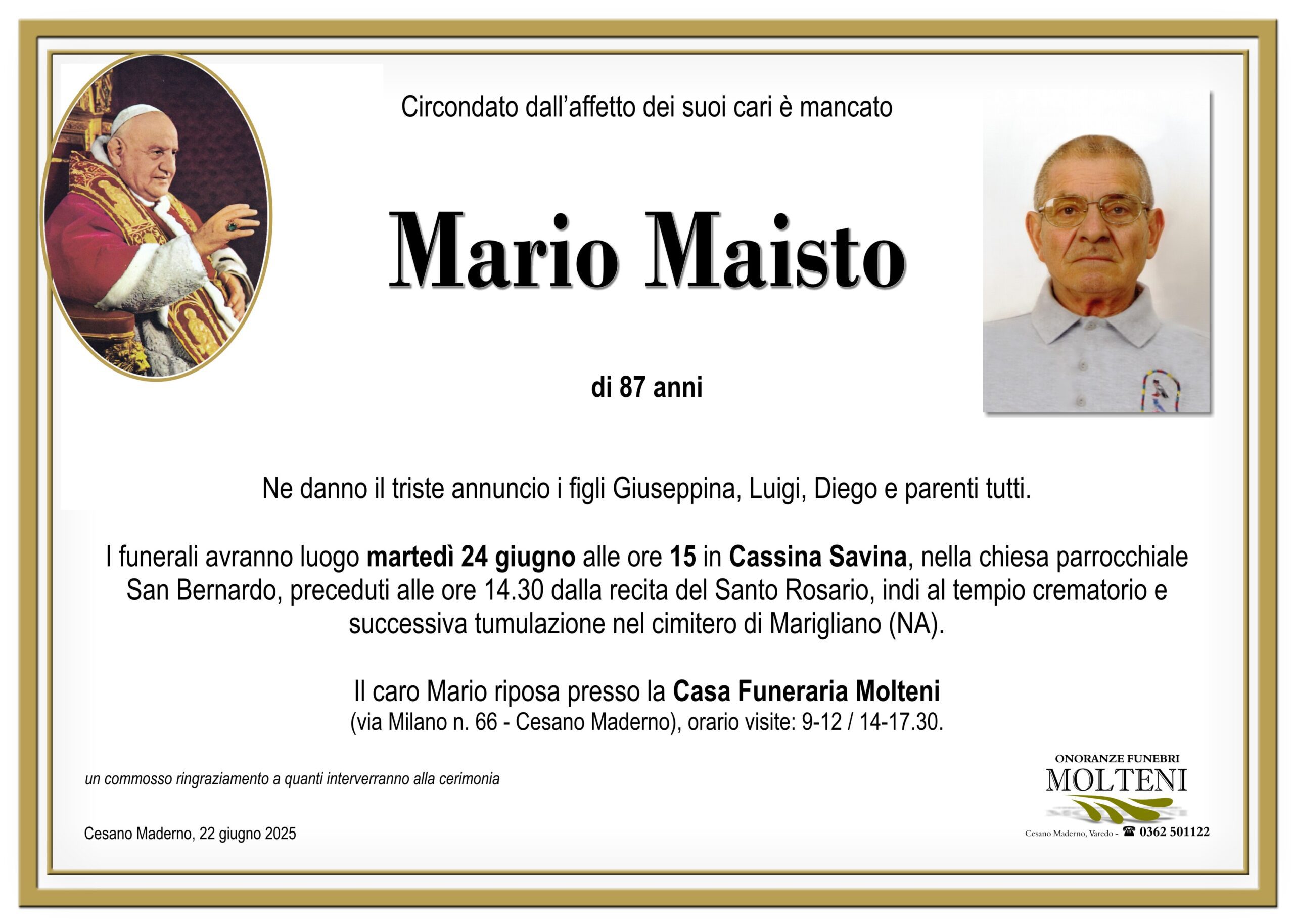 Mario Maisto<p>Classe 1937<p>