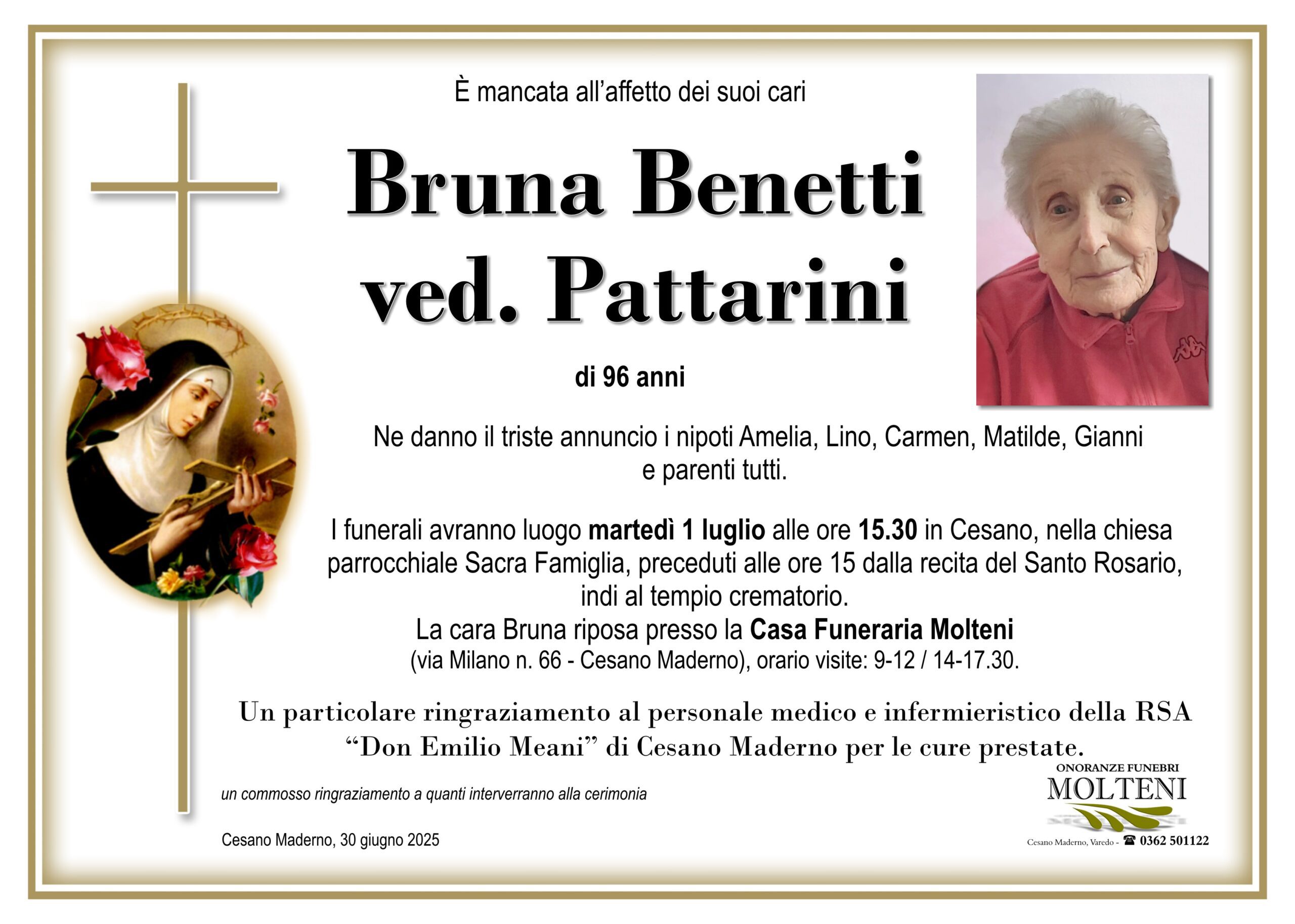 Bruna Benetti<br>ved. Pattarini<p>Classe 1928<p>