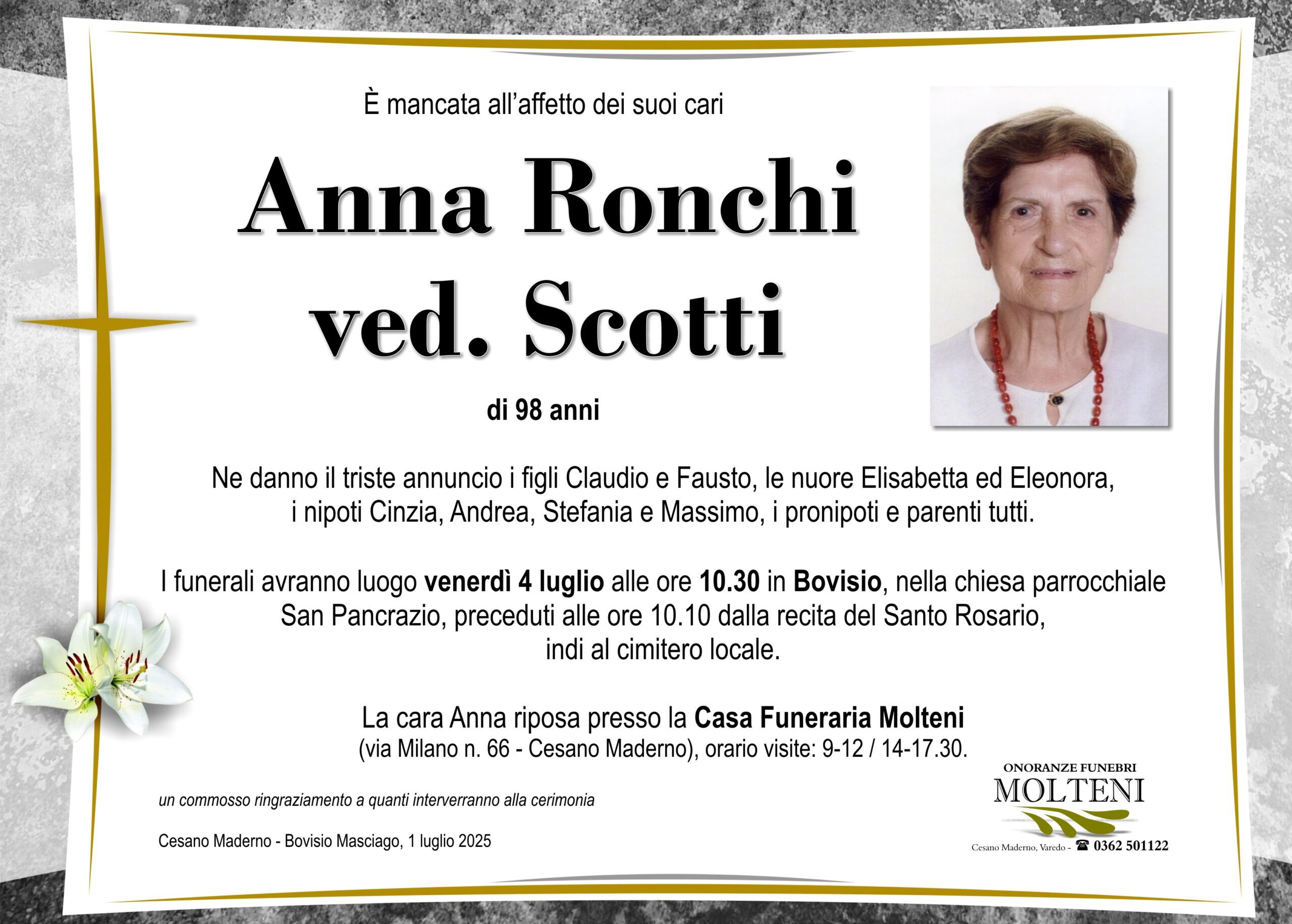 Anna Ronchi<br>ved. Scotti<p>Classe 1926<p>