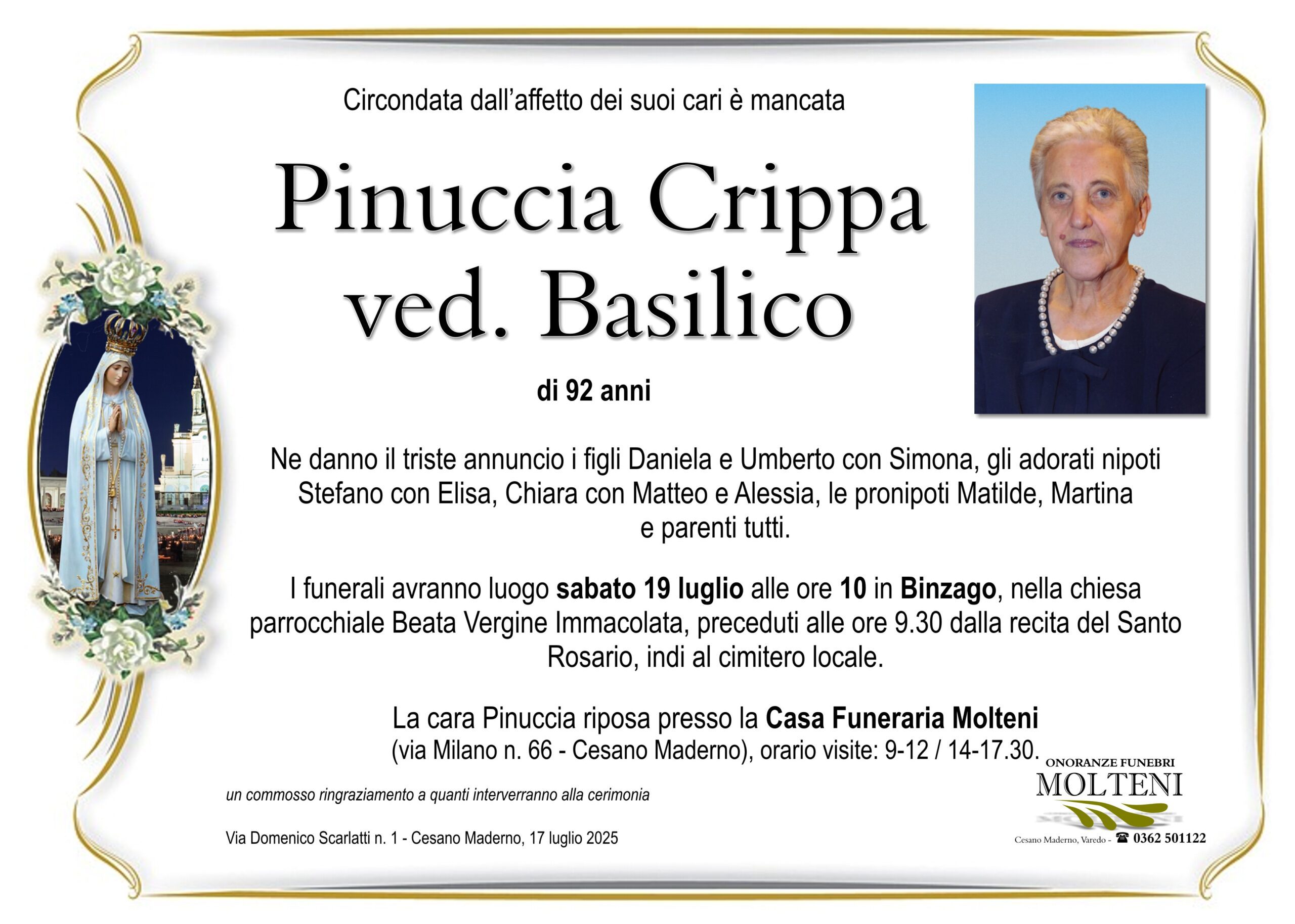 Pinuccia Crippa<br>ved. Basilico<p>Classe 1933<p>