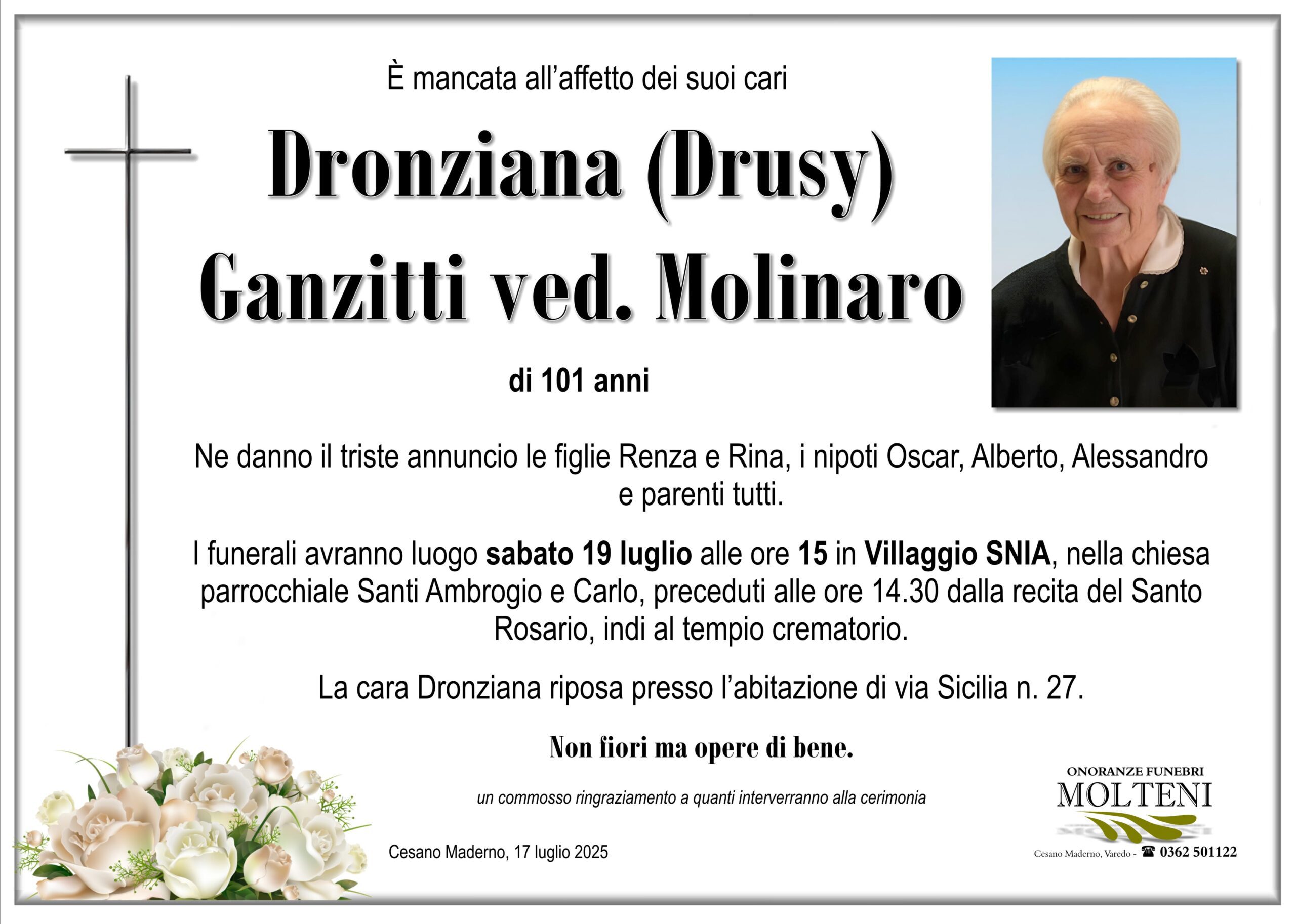 Dronziana Ganzitti<br>ved. Molinaro<p>Classe 1924<p>