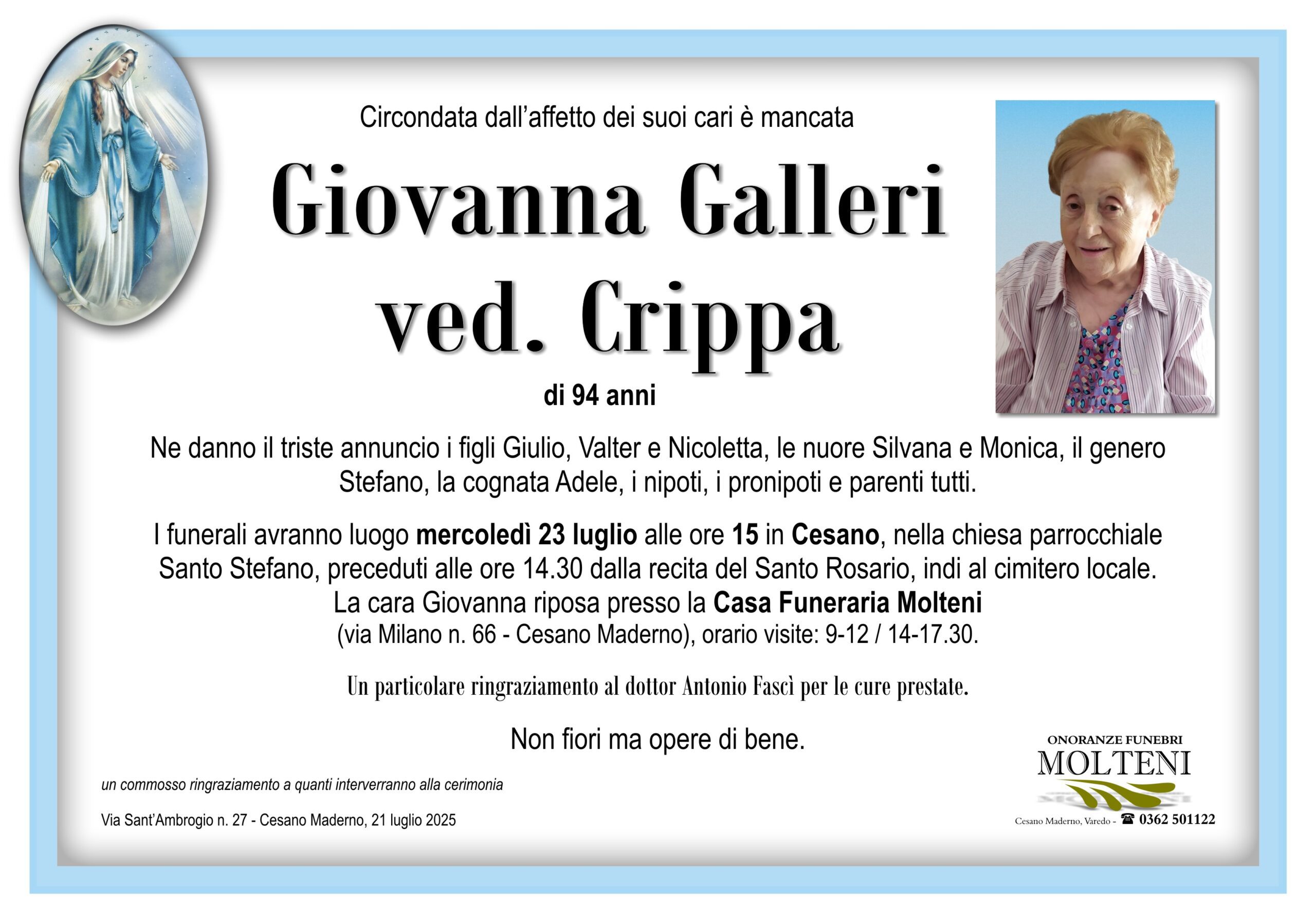 Giovanna Galleri<br>ved. Crippa<p>Classe 1930<p>