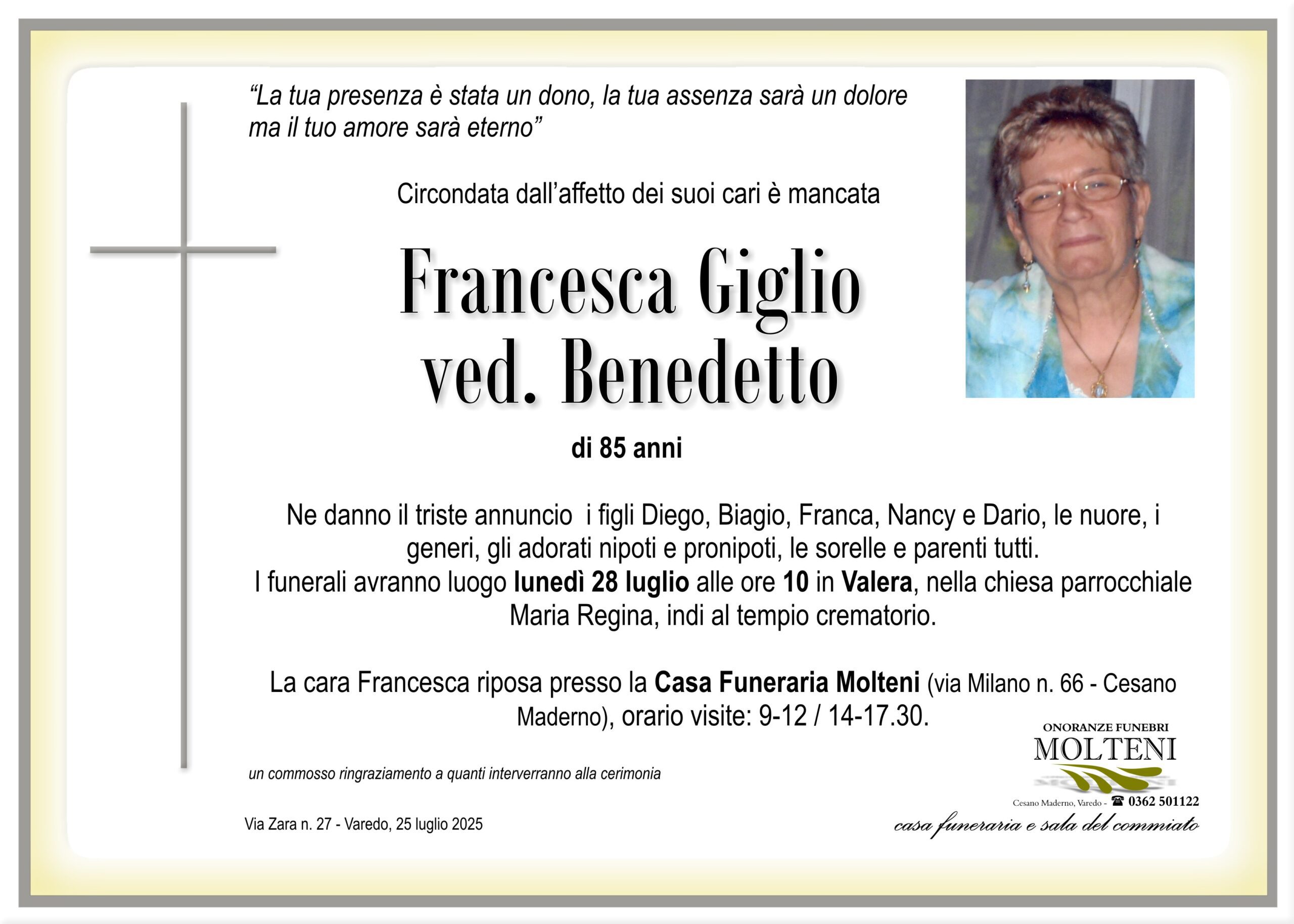 Francesca Giglio<br>ved. Benedetto<p>Classe 1940