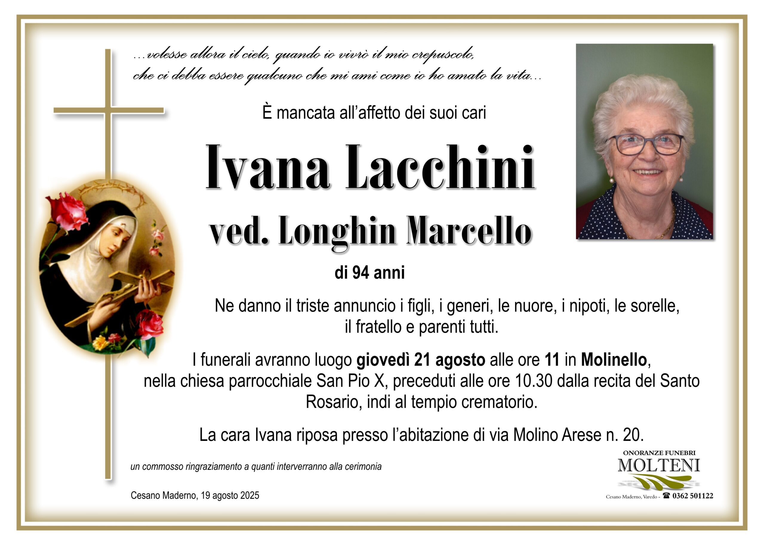 Ivana Lacchini<br>ved. Longhin<p>Classe 1931<p>