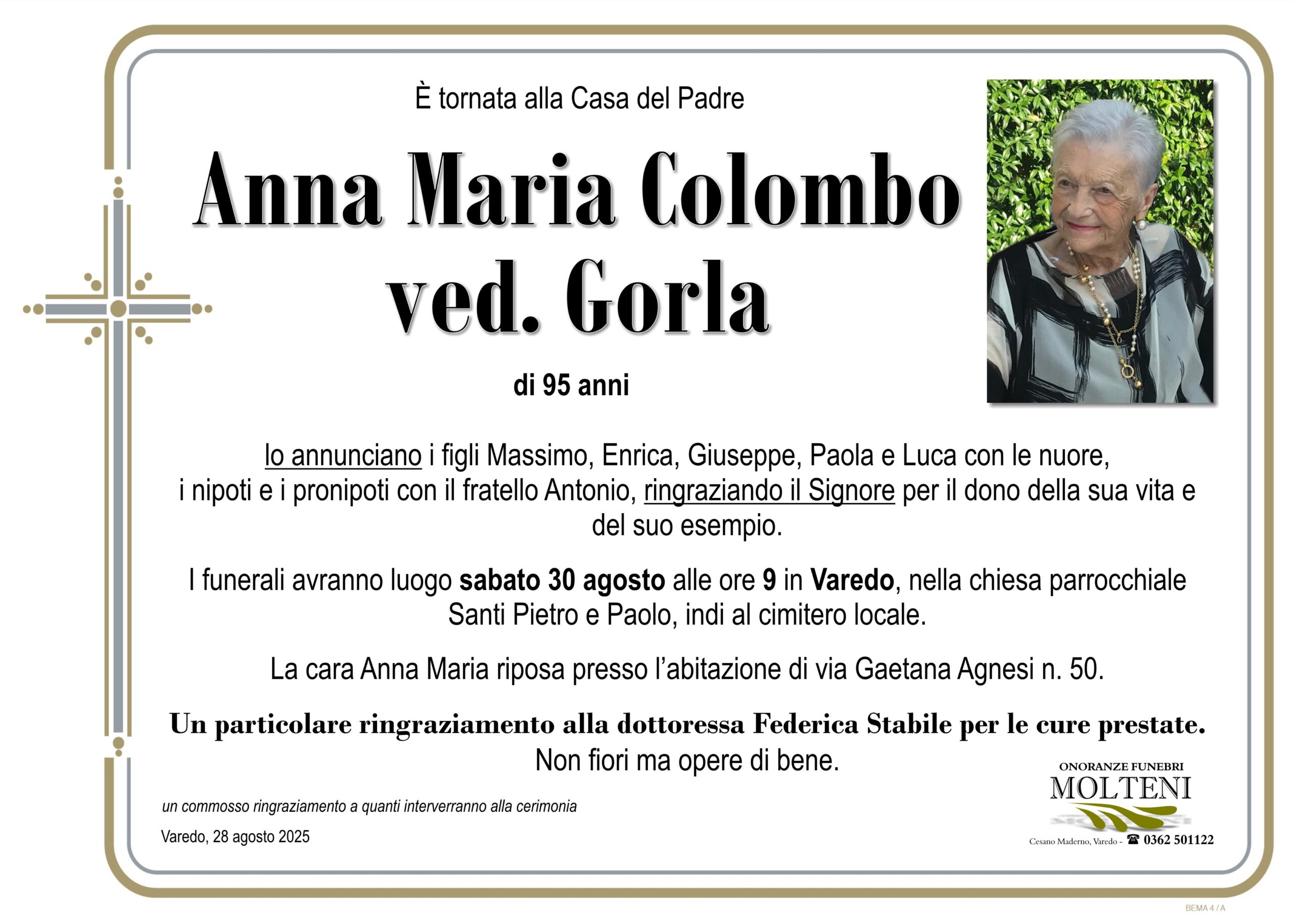 Anna Maria Colombo<br>ved. Gorla<p>Classe 1930<p>