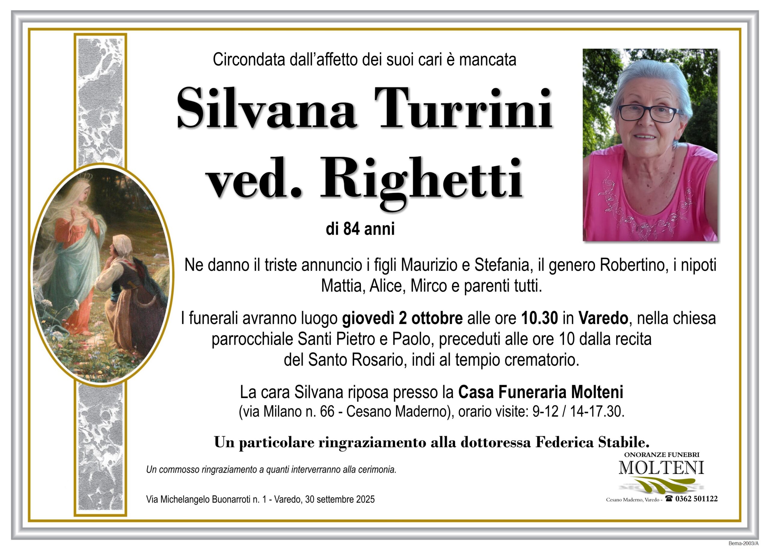 Silvana Turrini<br>ved. Righetti<p>Classe 1940<p>