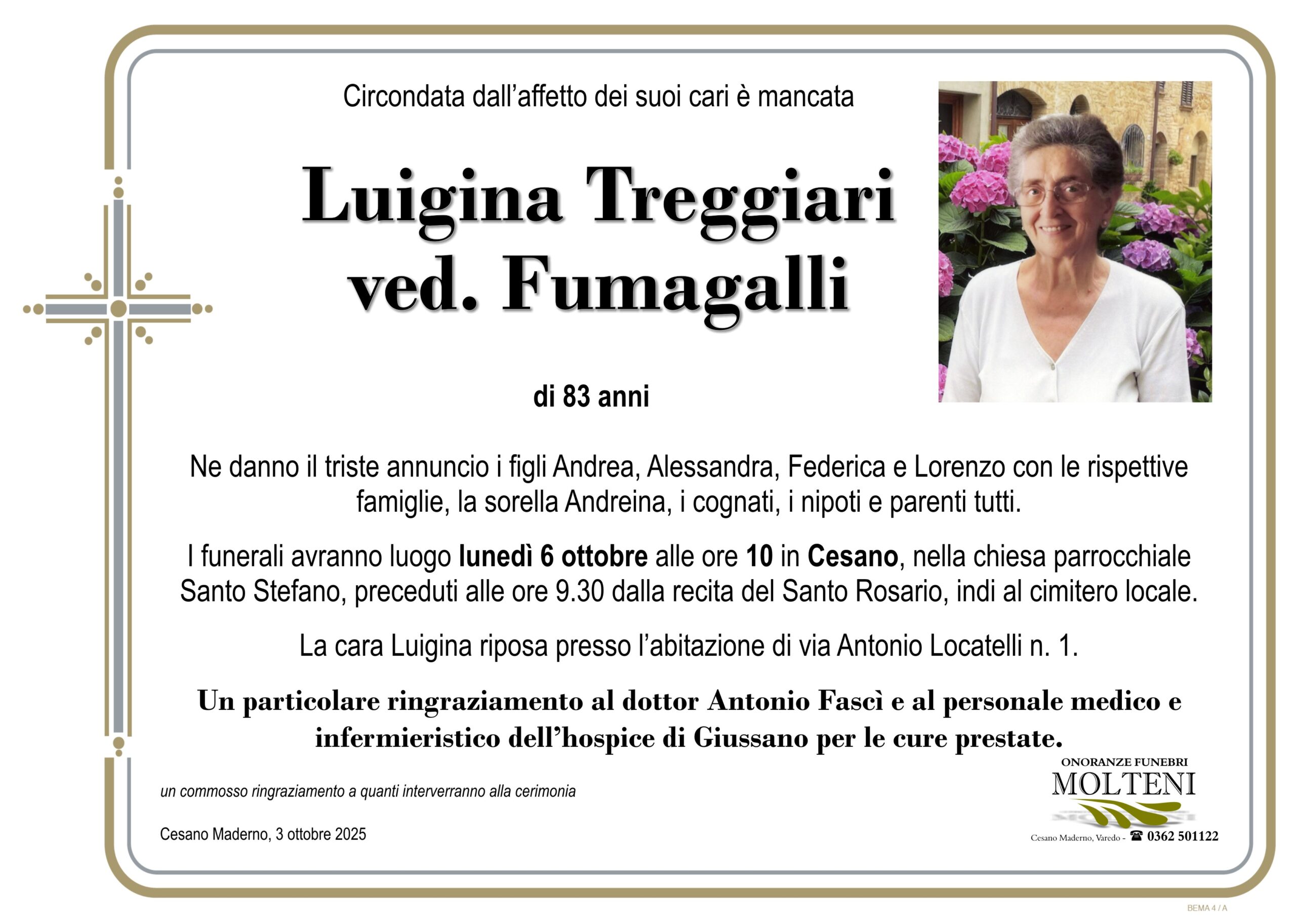 Luigina Treggiari<br>ved. Fumagalli<p>Classe 1942