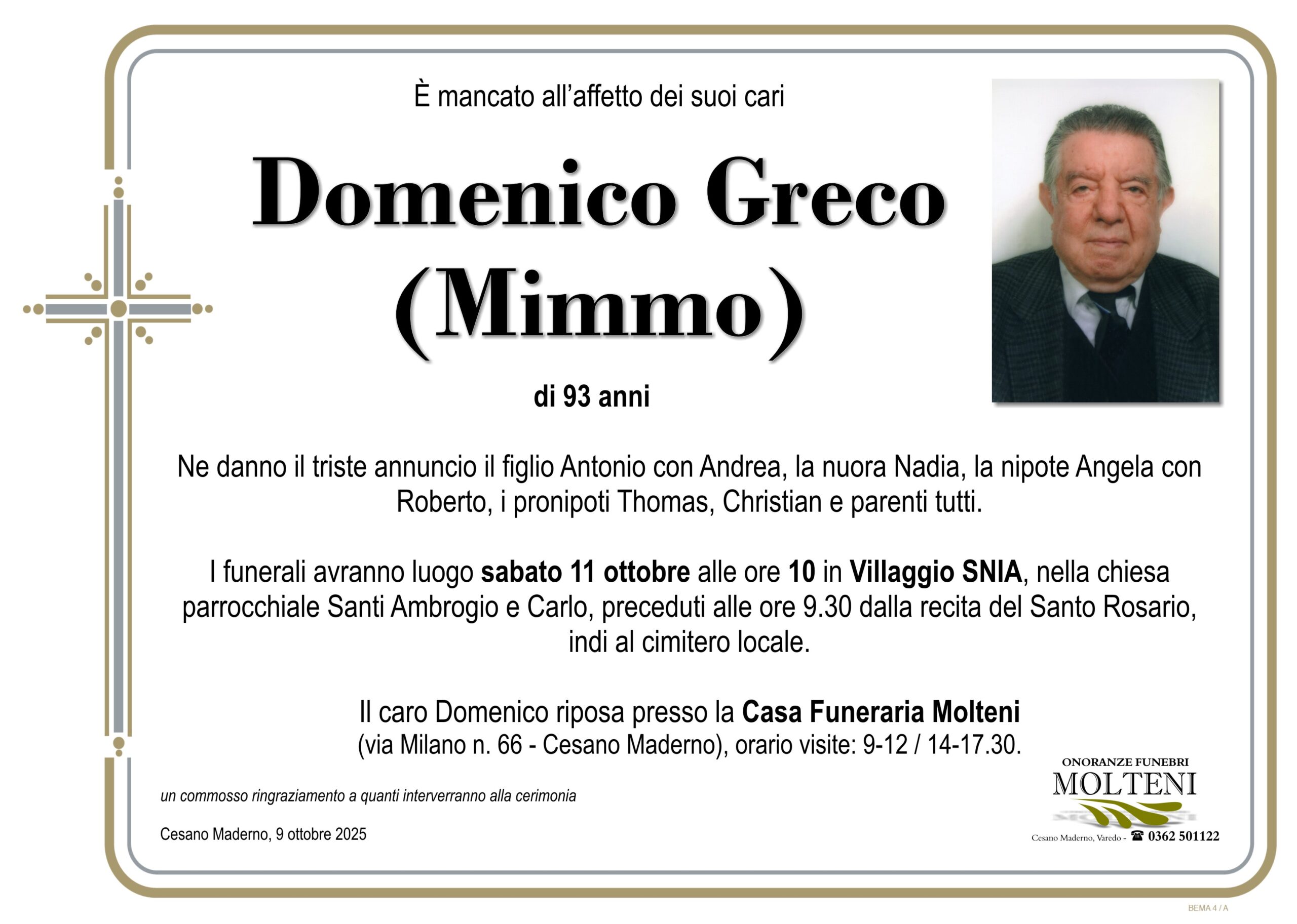 Domenico Greco<p>Classe 1932<p>