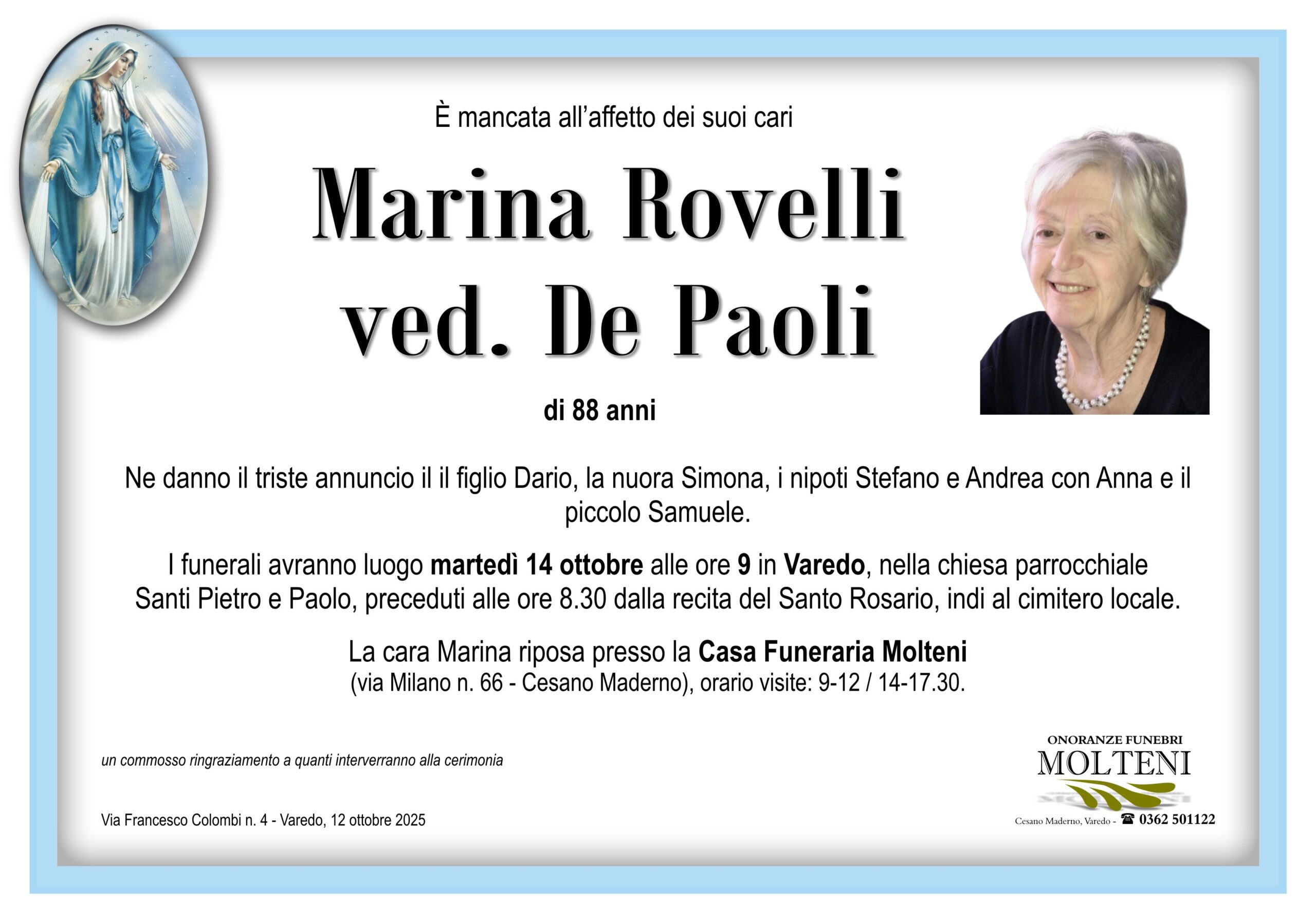 Marina Rovelli<br>ved. De Paoli<p>Classe 1937