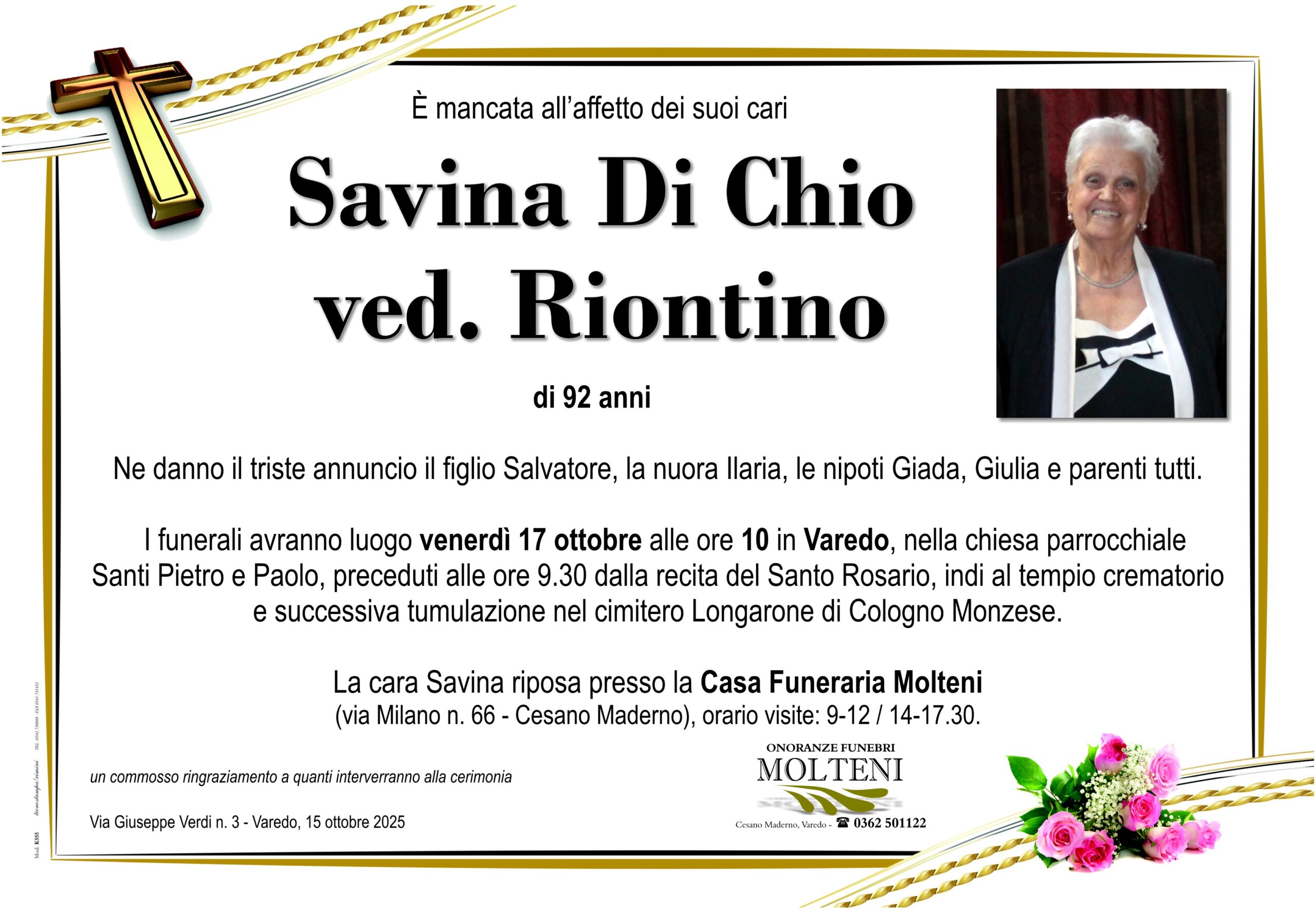 Savina Di Chio<br>ved. Riontino<p>Classe 1933<p>