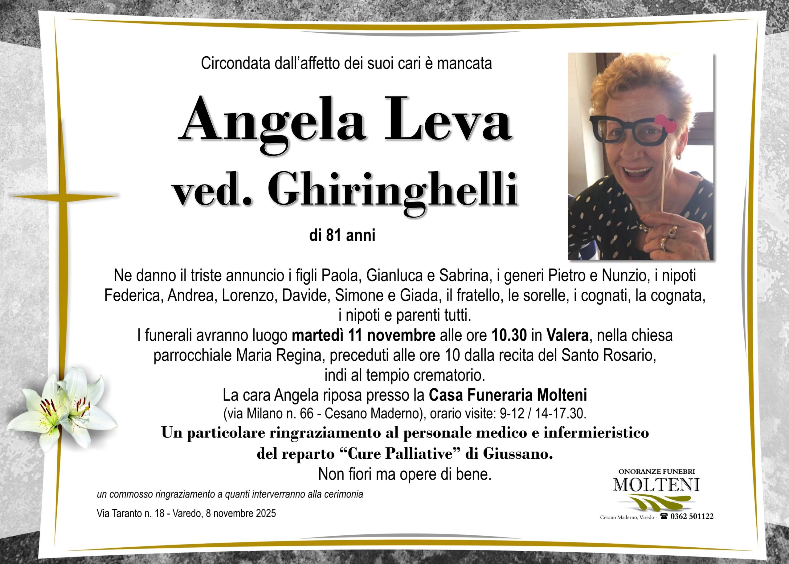 Angela Leva<br>ved. Ghiringhelli<p>Classe 1944<p>