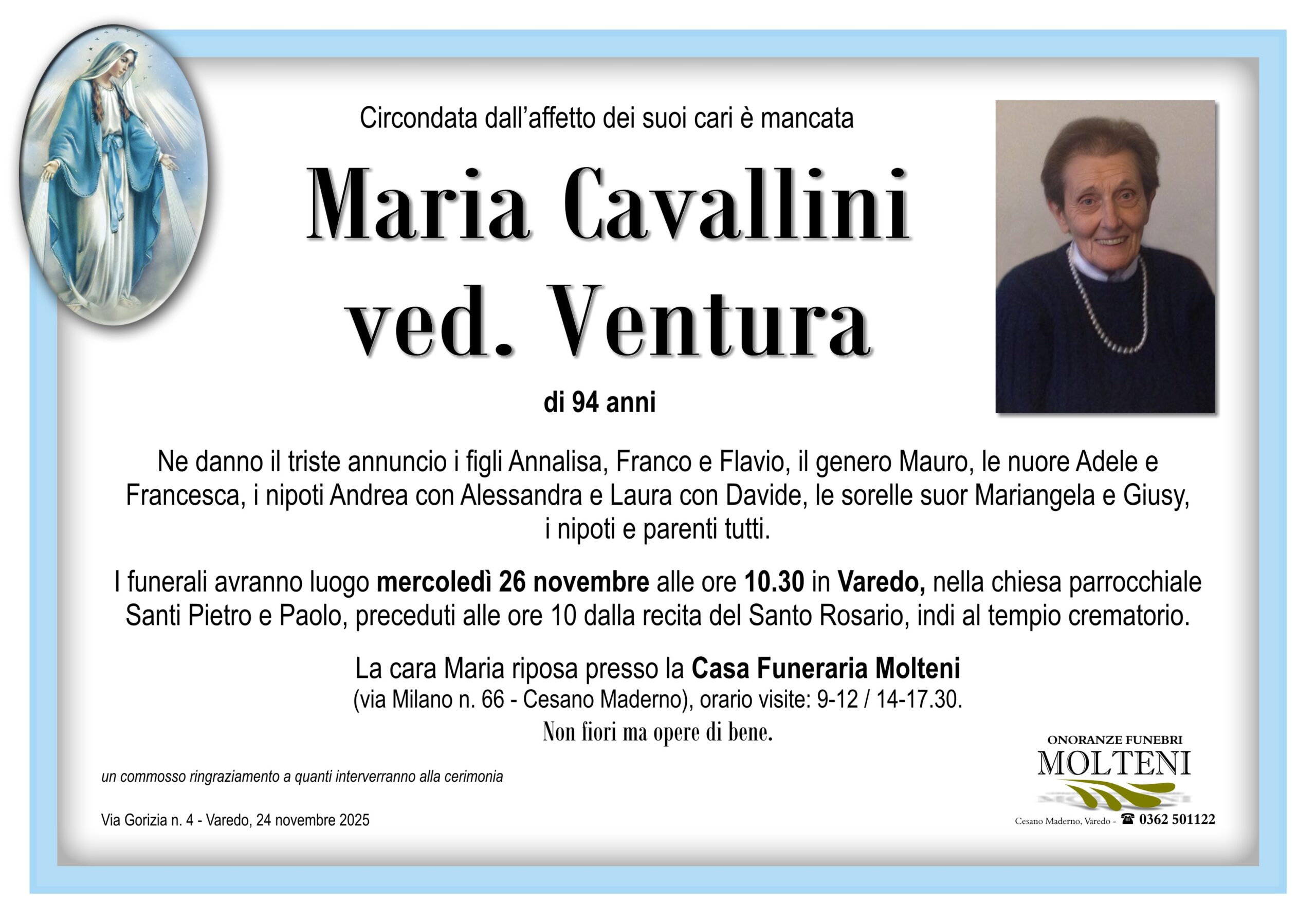 Maria Cavallini<br>ved. Ventura<p>Classe 1931<p>