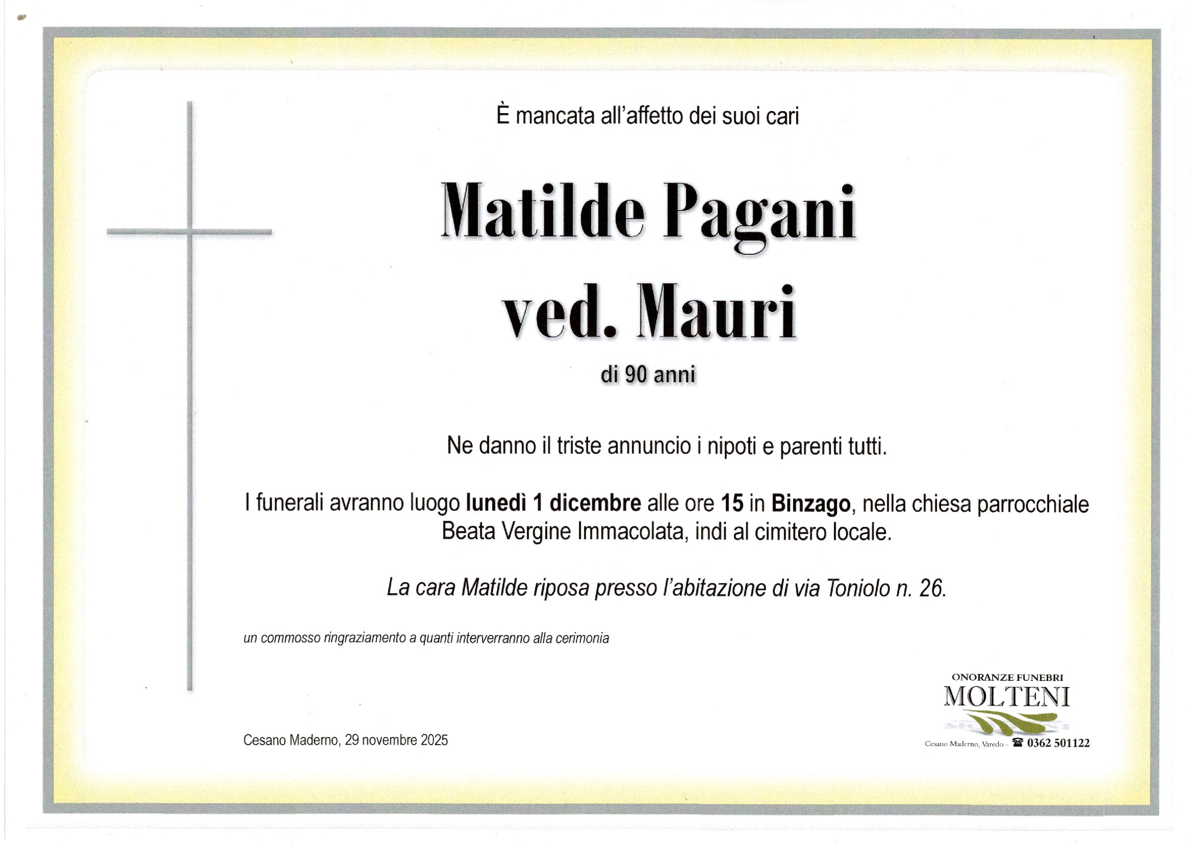 Matilde Pagani<br>ved. Mauri<p>Classe 1935</p>