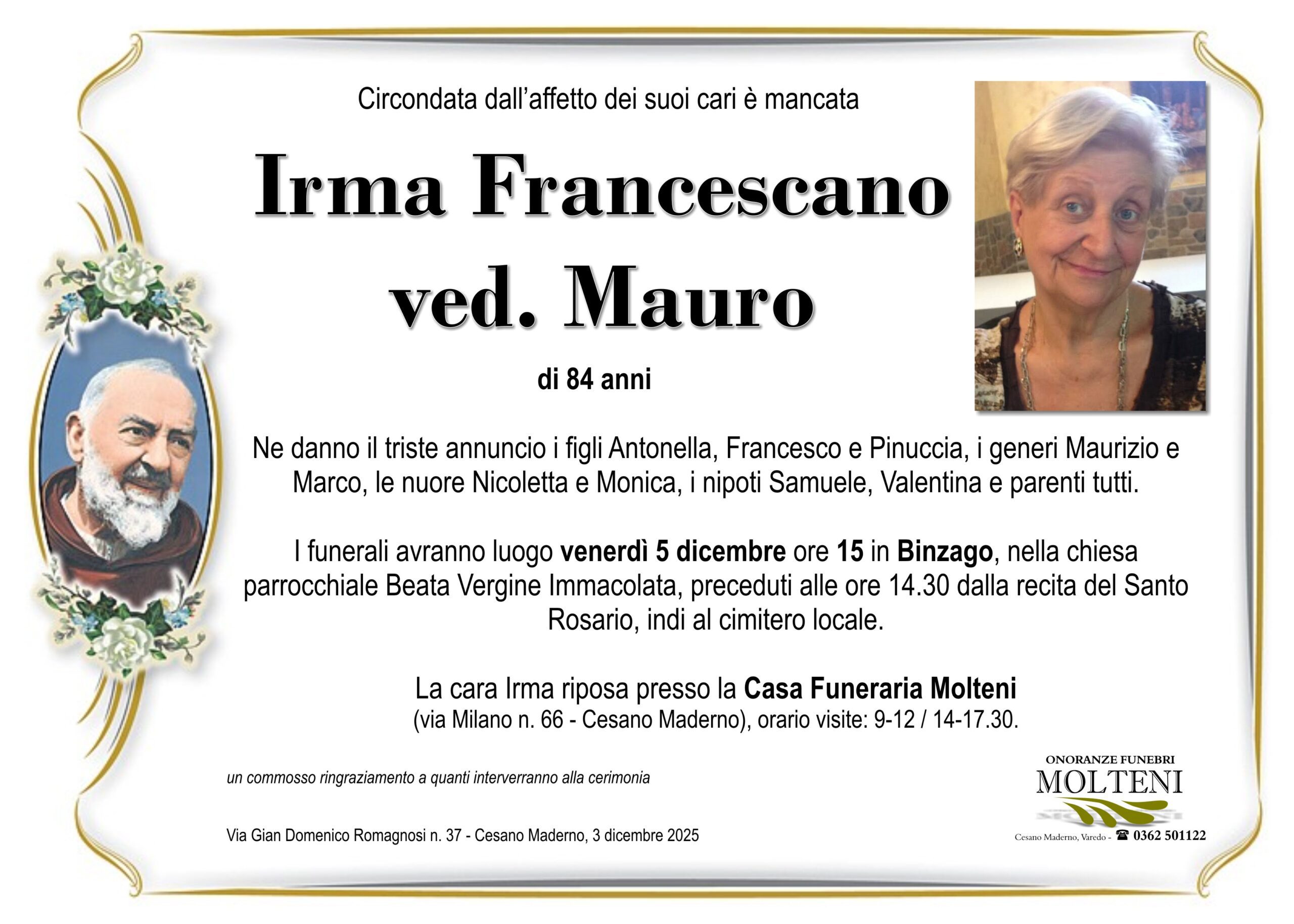 Irma Francescano<br>ved. Mauro<p>Classe 1941<p>