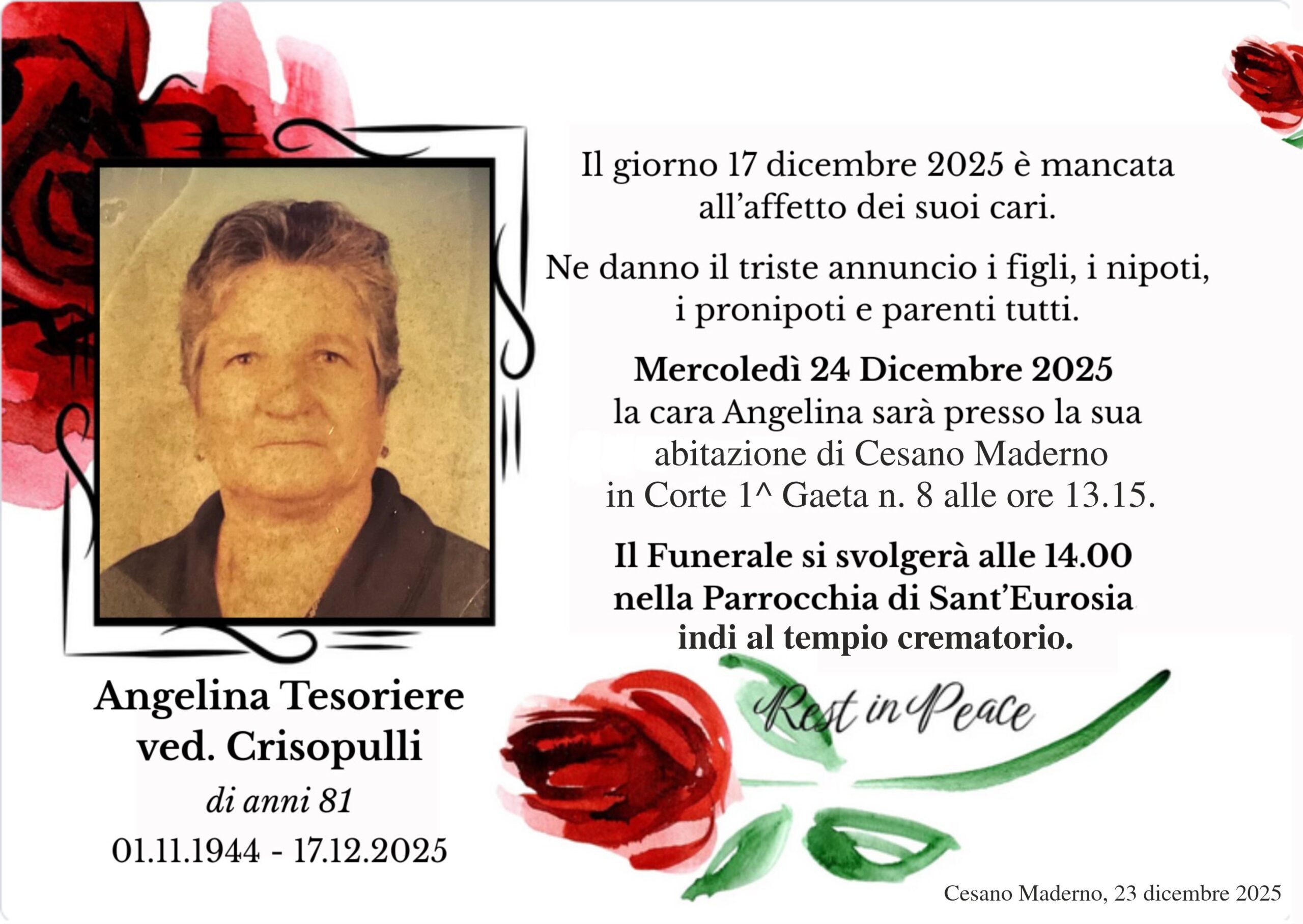 Angelina Tesoriere<br>ved. Crisopulli<p>Classe 1944<p>