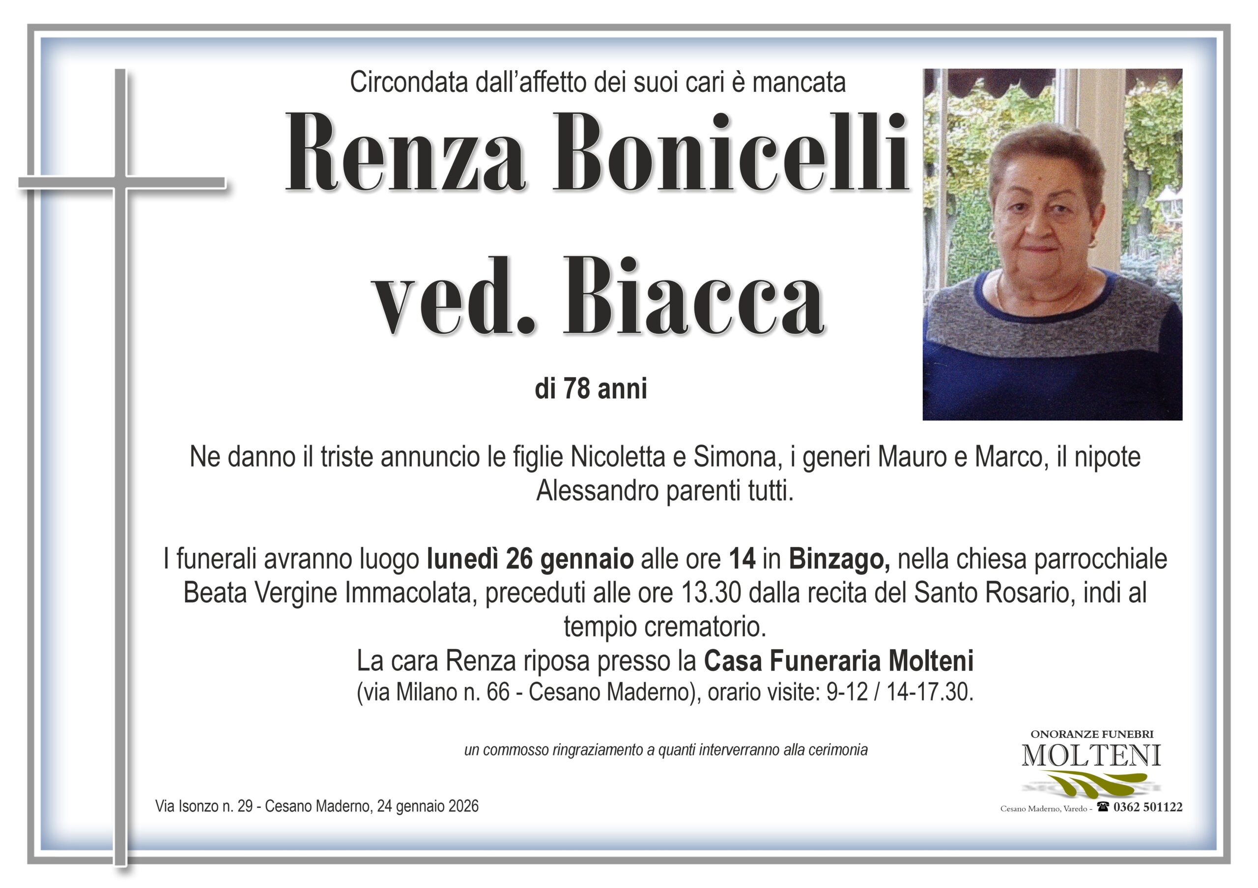 Renza Bonicelli<br>ved. Biacca<p>Classe 1947