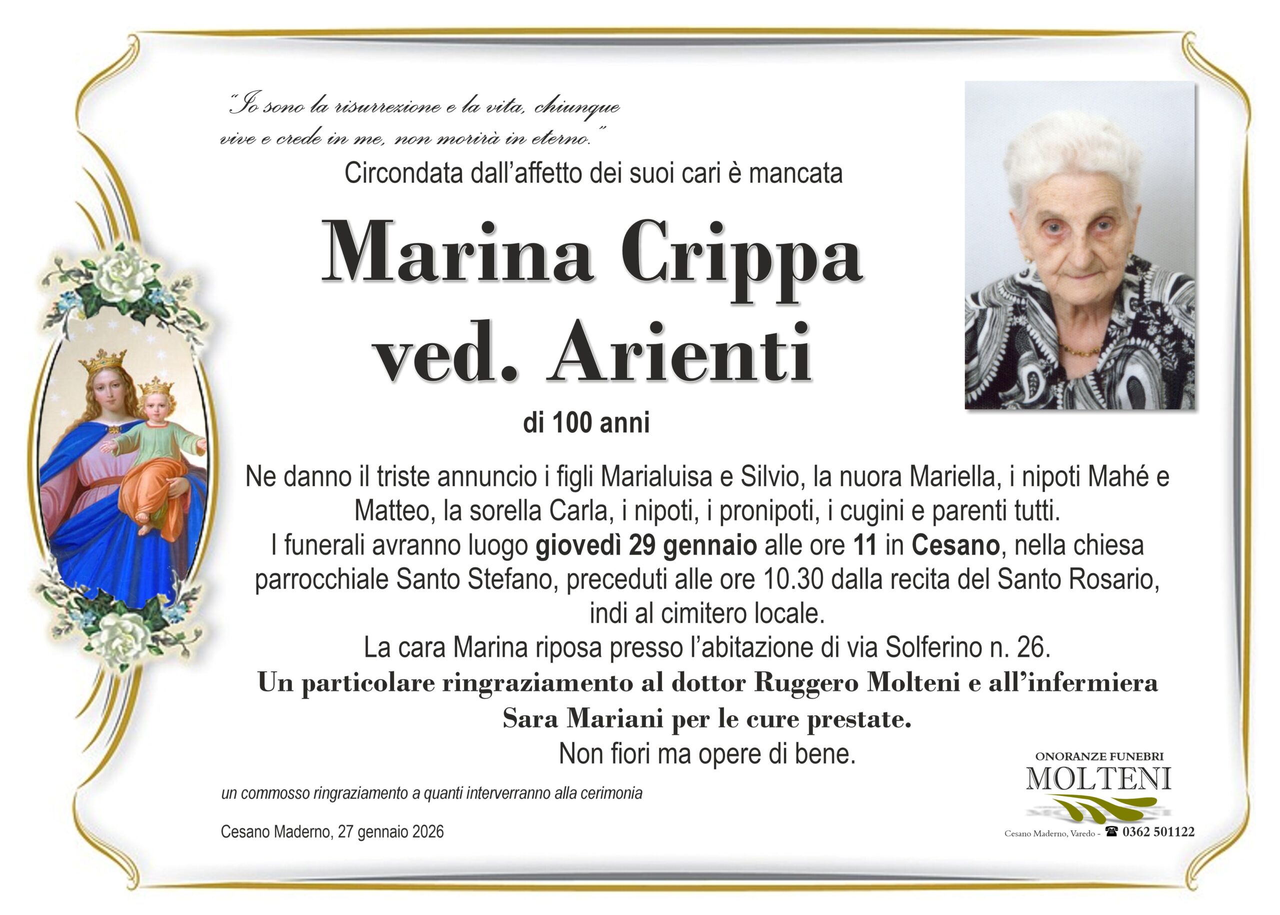Marina Crippa<br>ved. Arienti<p>Classe 1925<p>