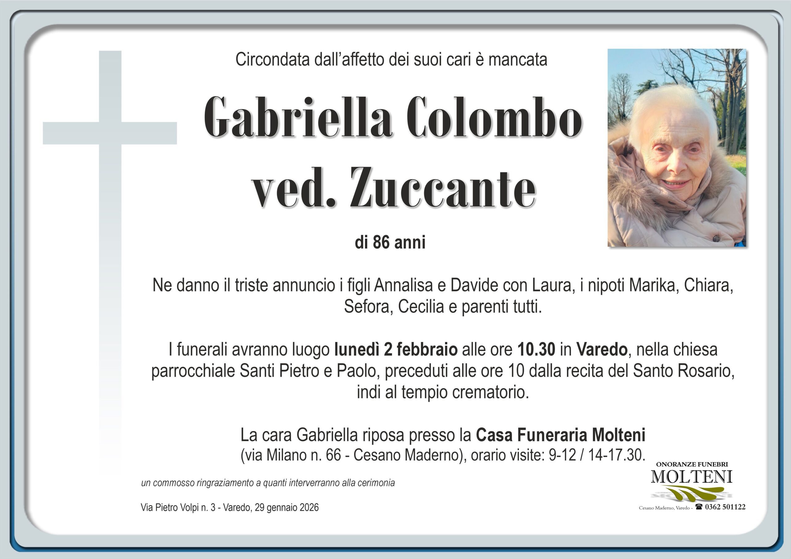 Gabriella Colombo<br>ved. Zuccante<p>Classe 1939<p>