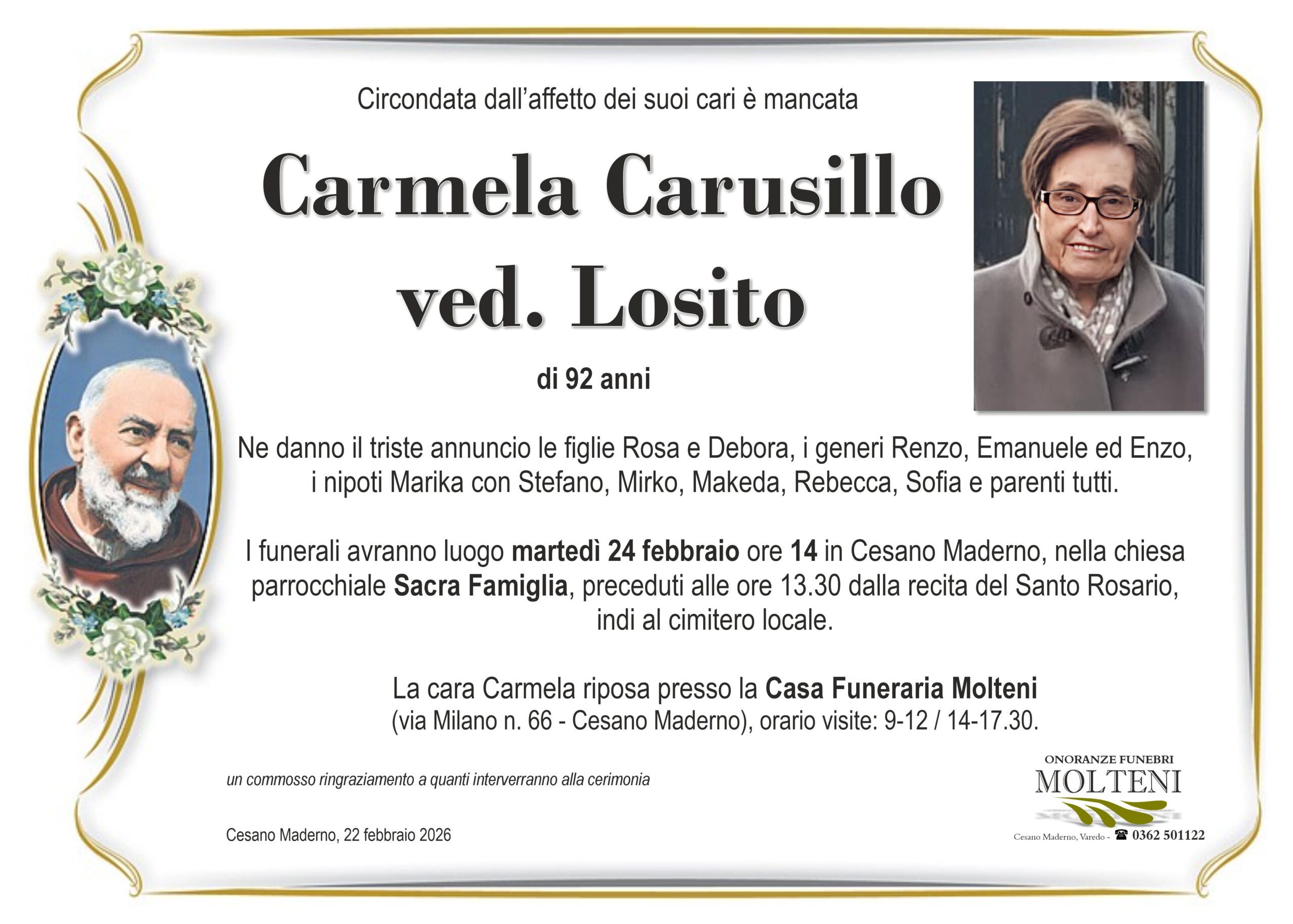 Carmela Carusillo<br>ved. Losito<p>Classe 1933<p>