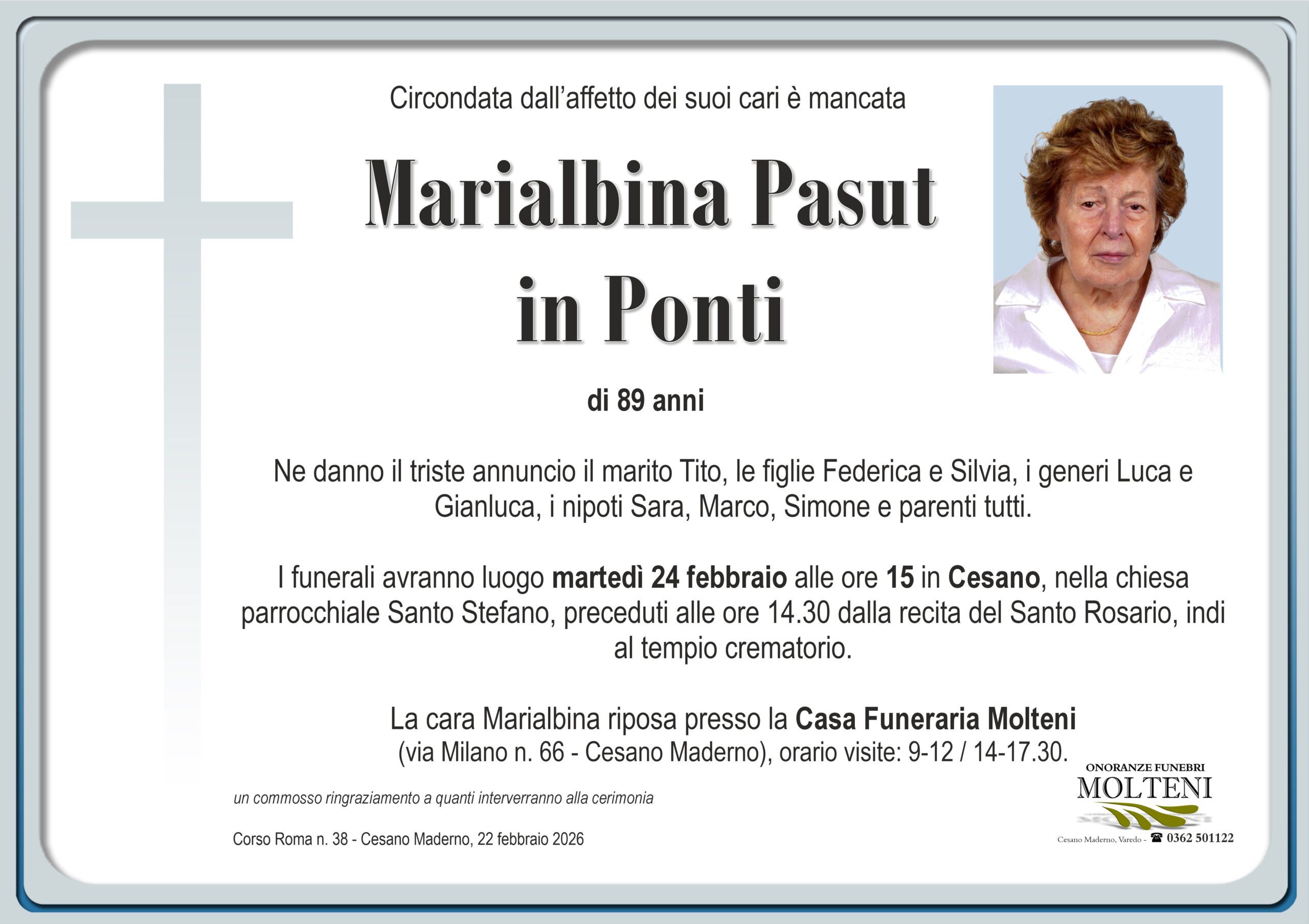 Marialbina Pasut<br>in Ponti<p>Classe 1936