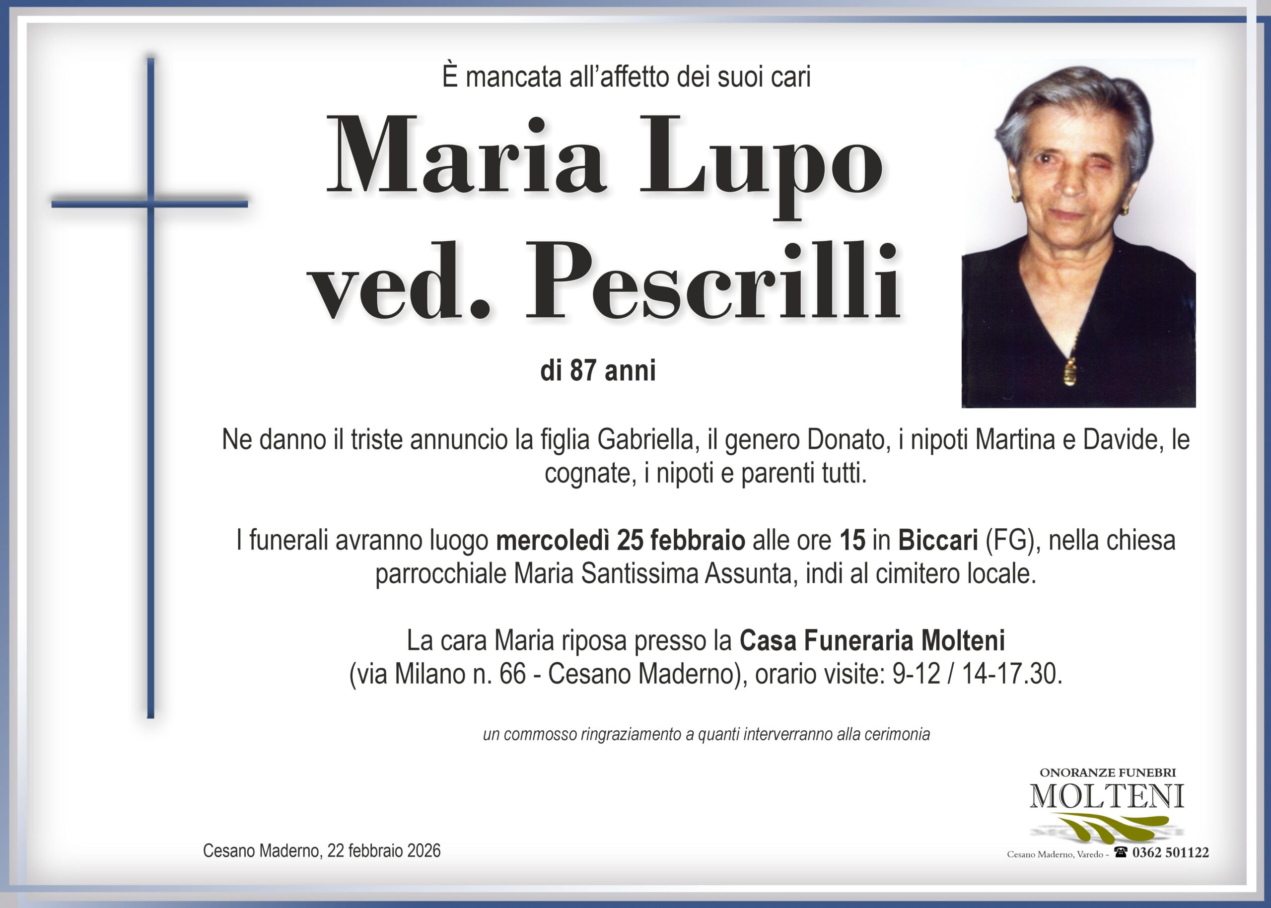 Maria Lupo<br>ved. Pescrilli<p>Classe 1938<p>