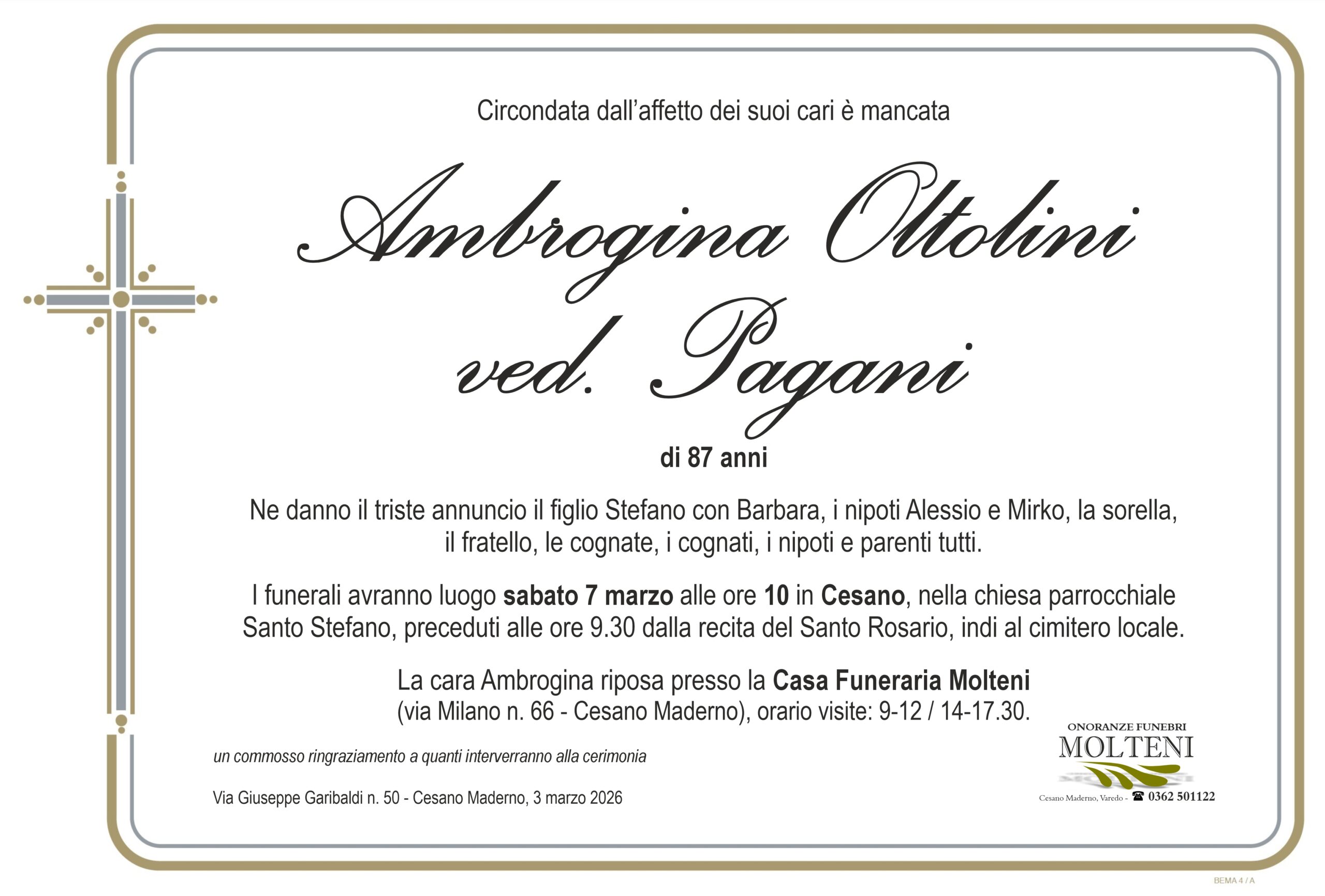 Ambrogina Oltolini<br>ved. Pagani<p>Classe 1938<p>