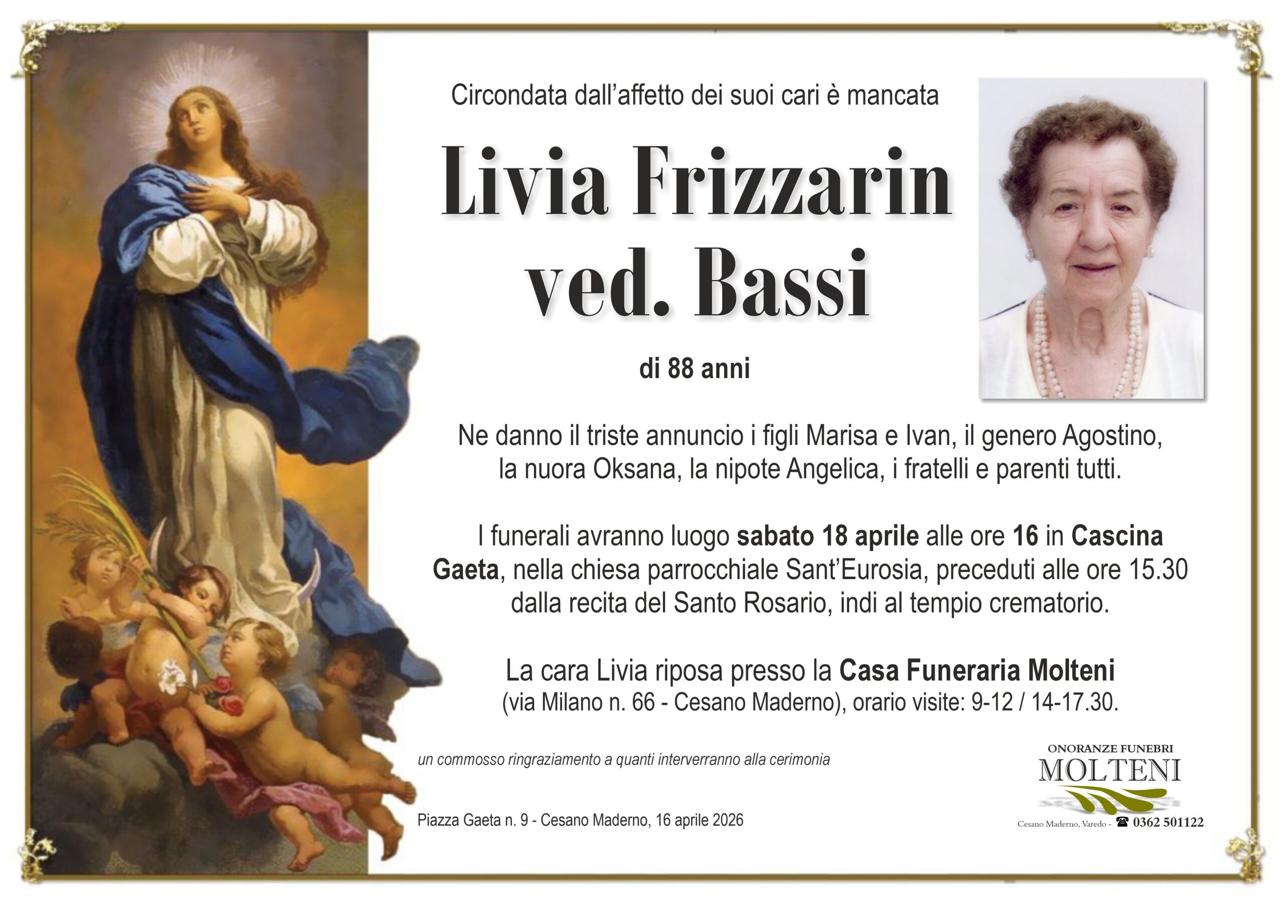 Livia Frizzarin<br>ved. Bassi<p>Classe 1937<p>