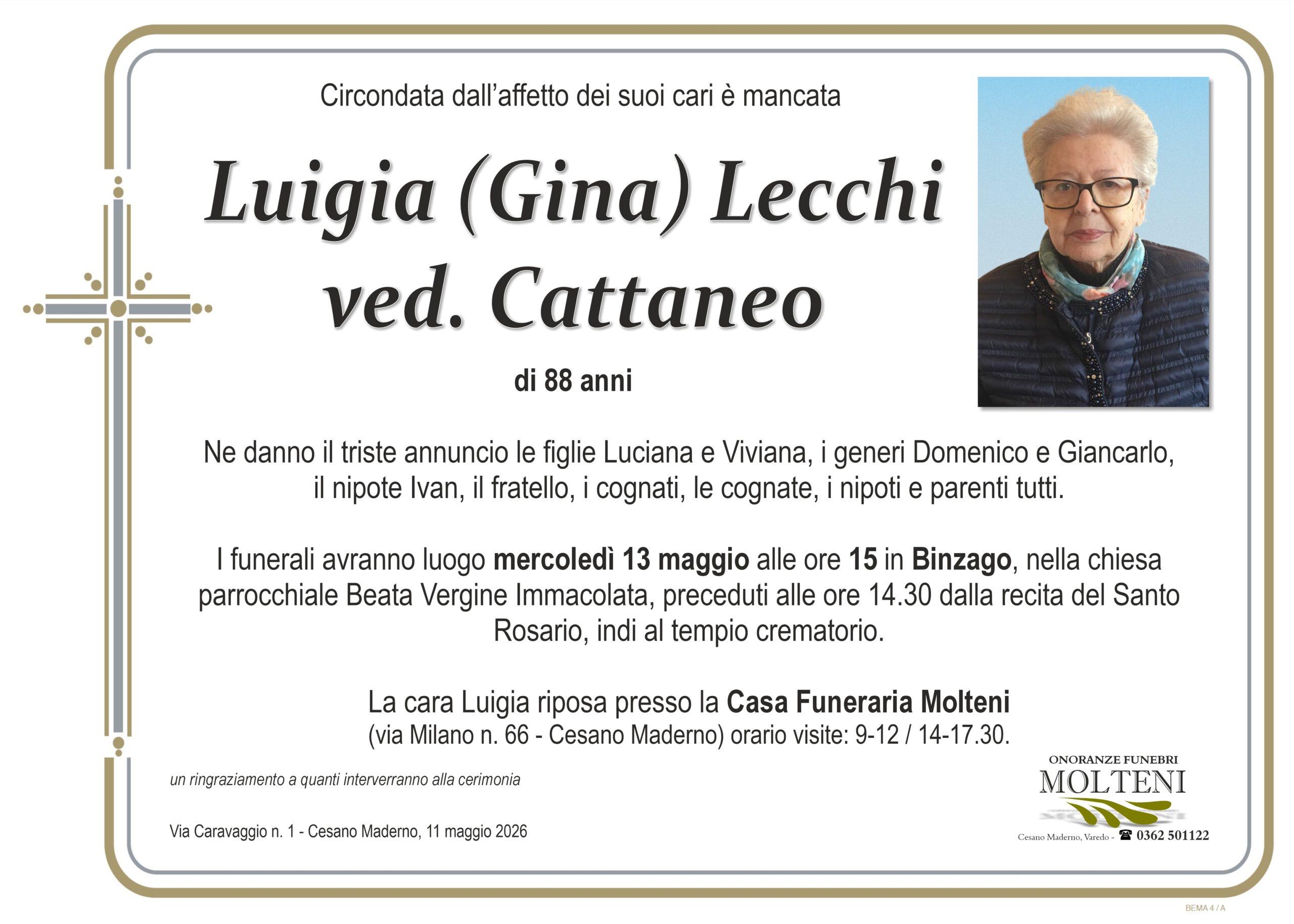 Luigia Lecchi<br>ved. Cattaneo<p>Classe 1937<p>