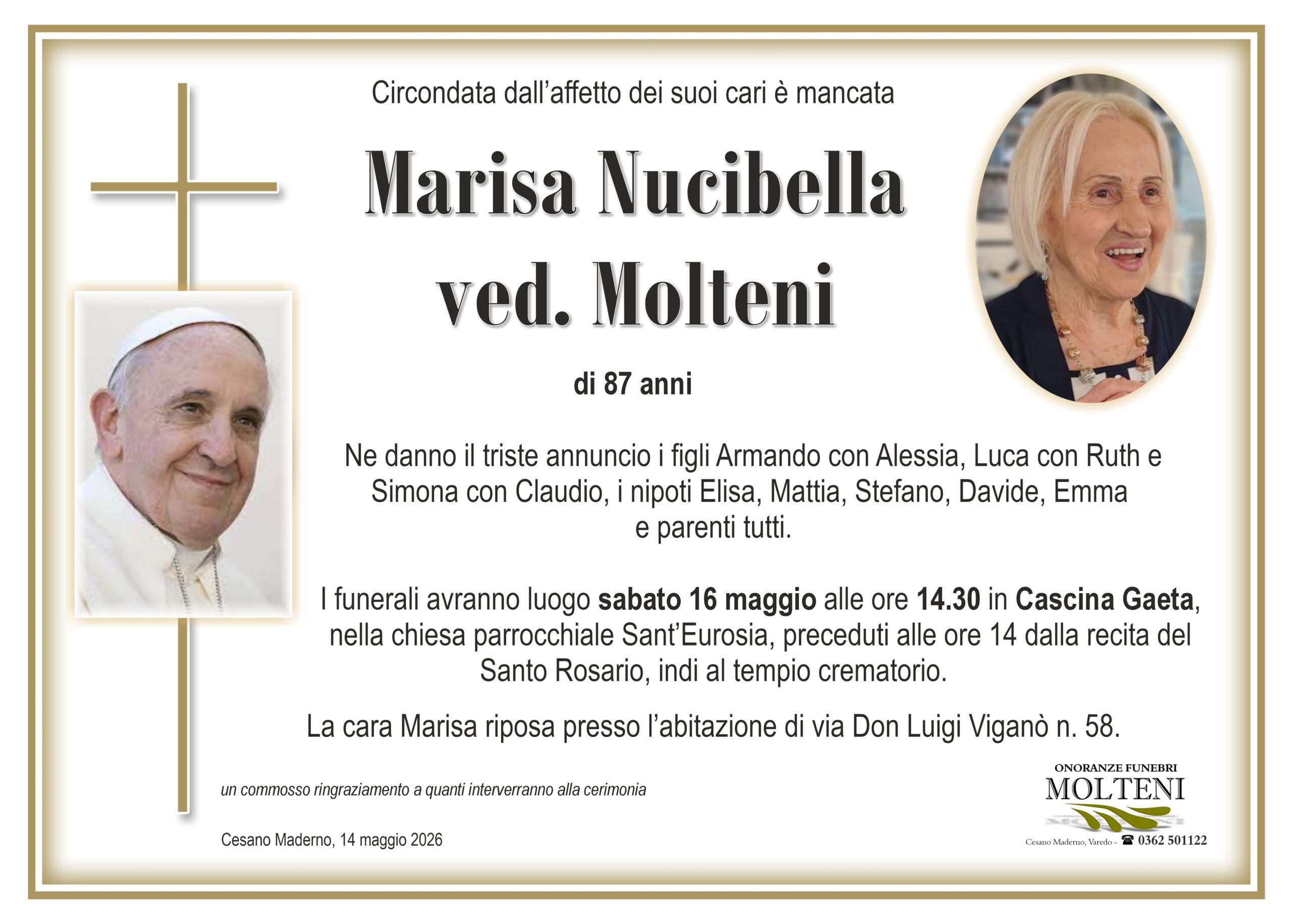 Marisa Nucibella<br>ved. Molteni<p>Classe 1938<p>