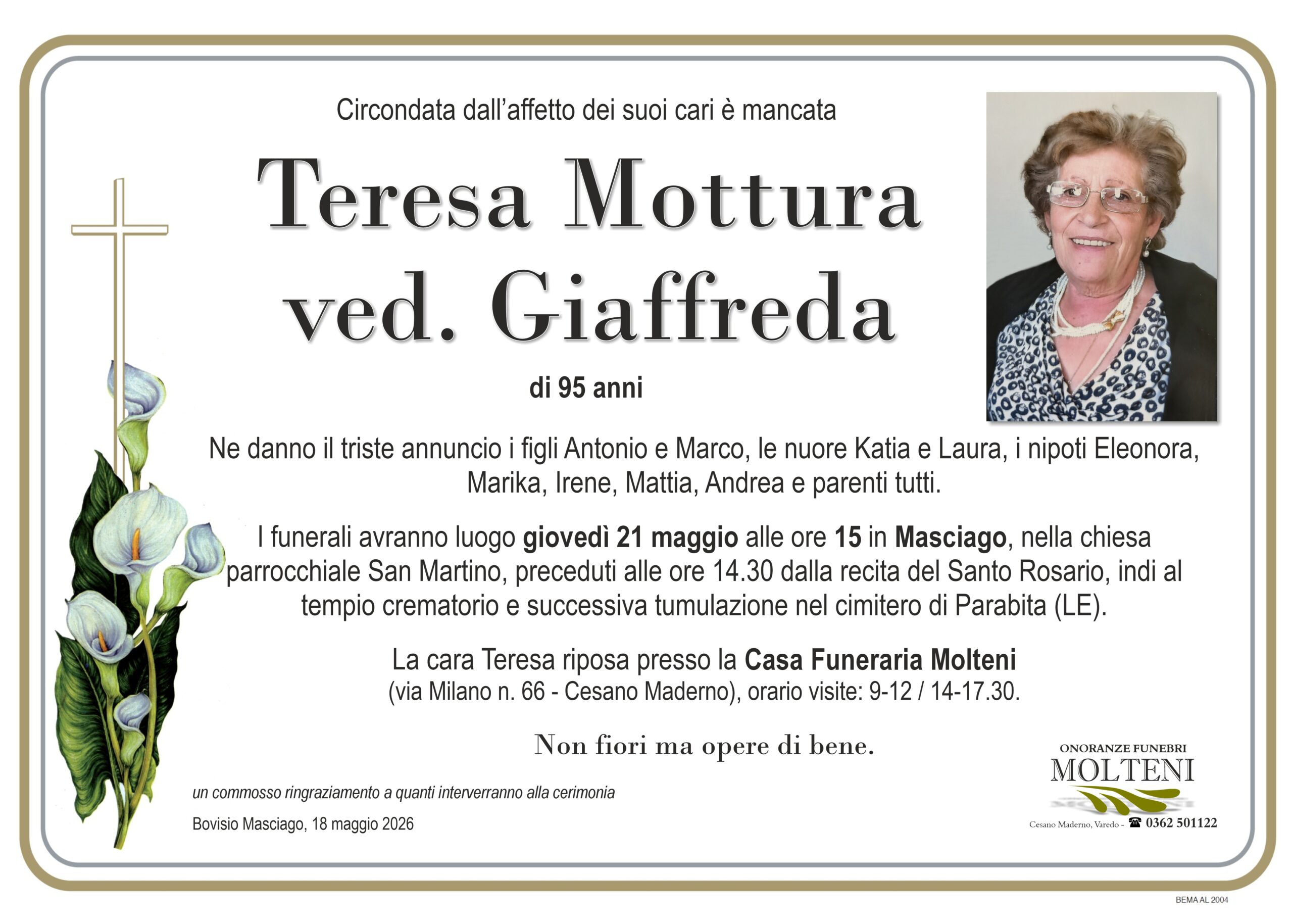 Teresa Mottura<br>ved. Giaffreda<p>Classe 1931<p>