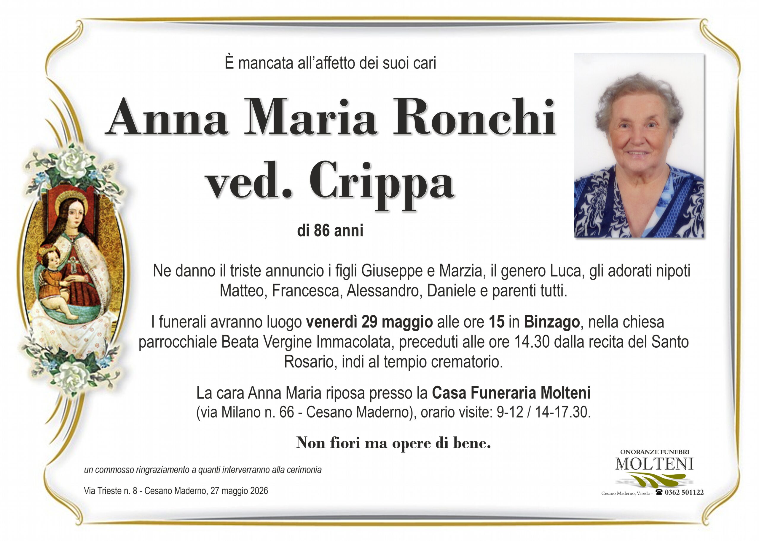 Anna Maria Ronchi<br>ved. Crippa<p>Classe 1939<p>