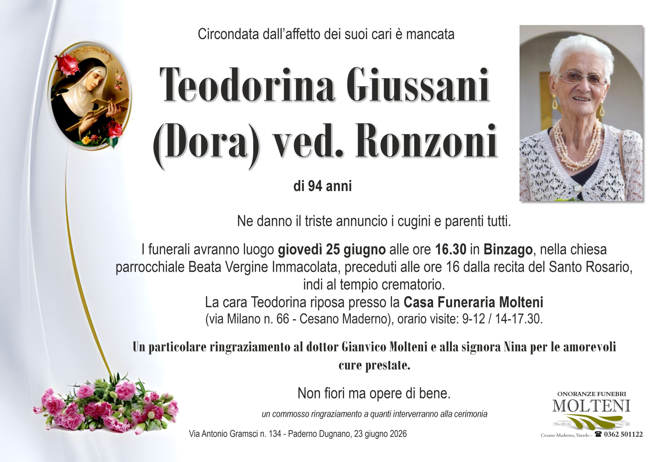 Teodorina Giussani<br>ved. Ronzoni<p>Classe 1932<p>
