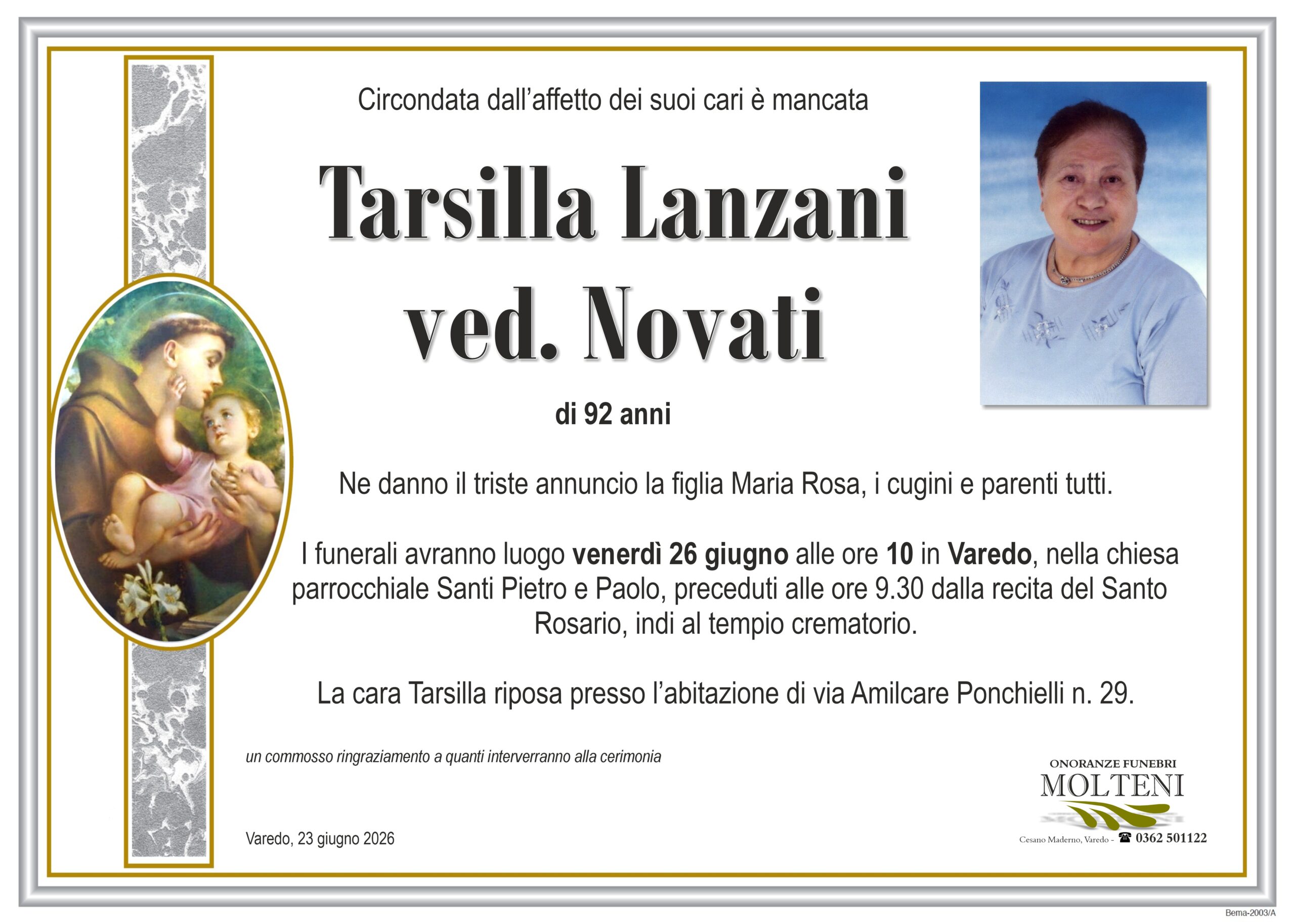 Tarsilla Lanzani<br>ved. Novati<p>Classe 1933<p>