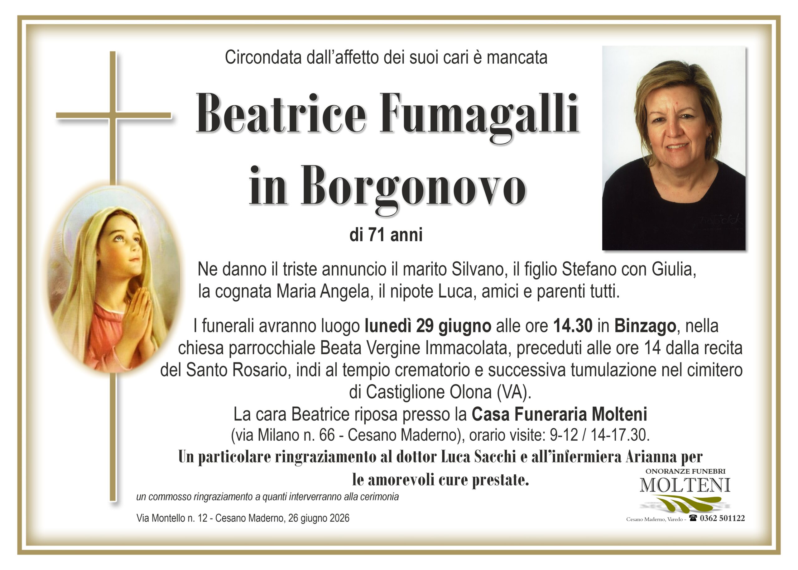 Beatrice Fumagalli<br>in Borgonovo<p>Classe 1954<p>