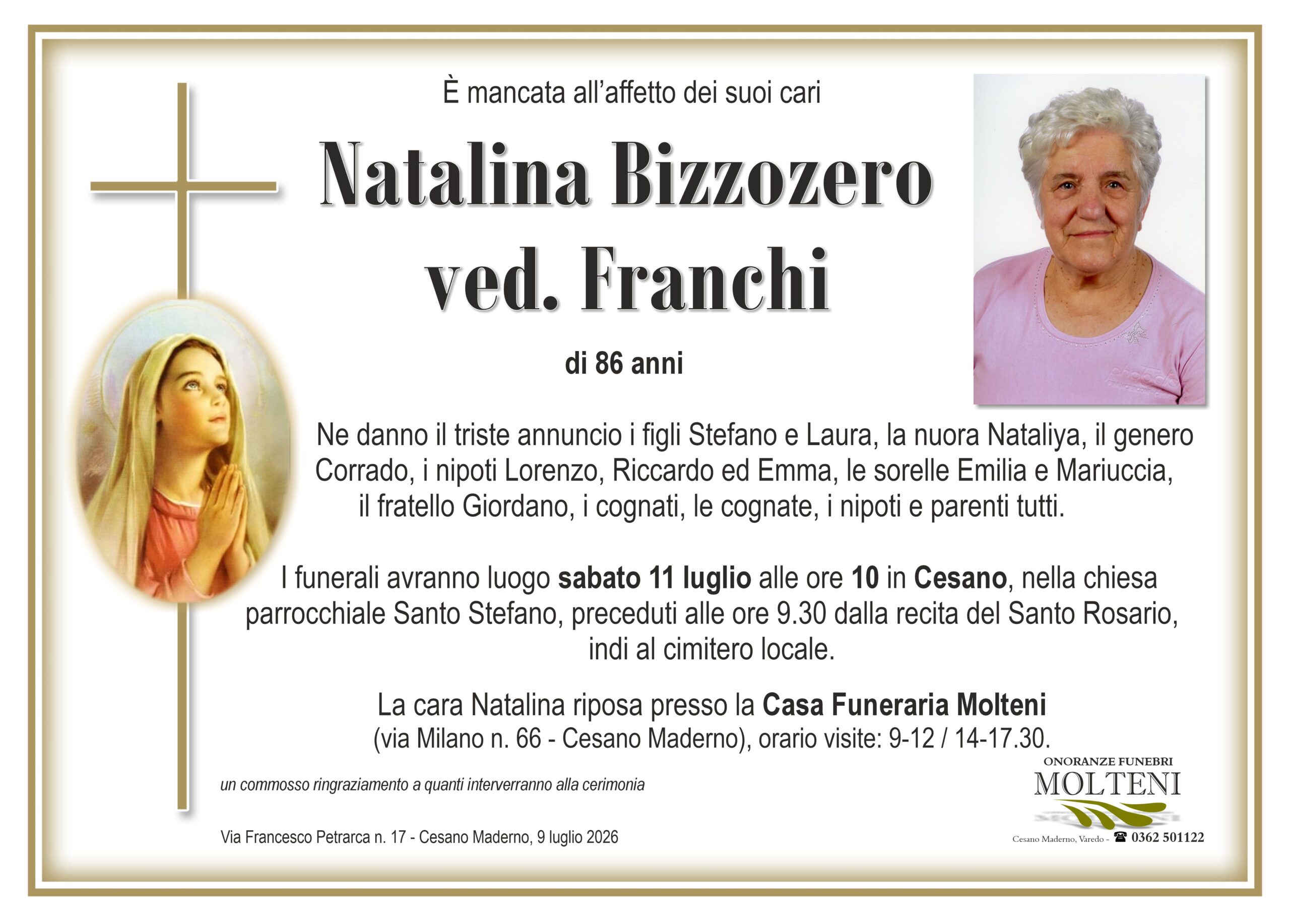 Natalina Bizzozero<br>ved. Franchi<p>Classe 1940<p>