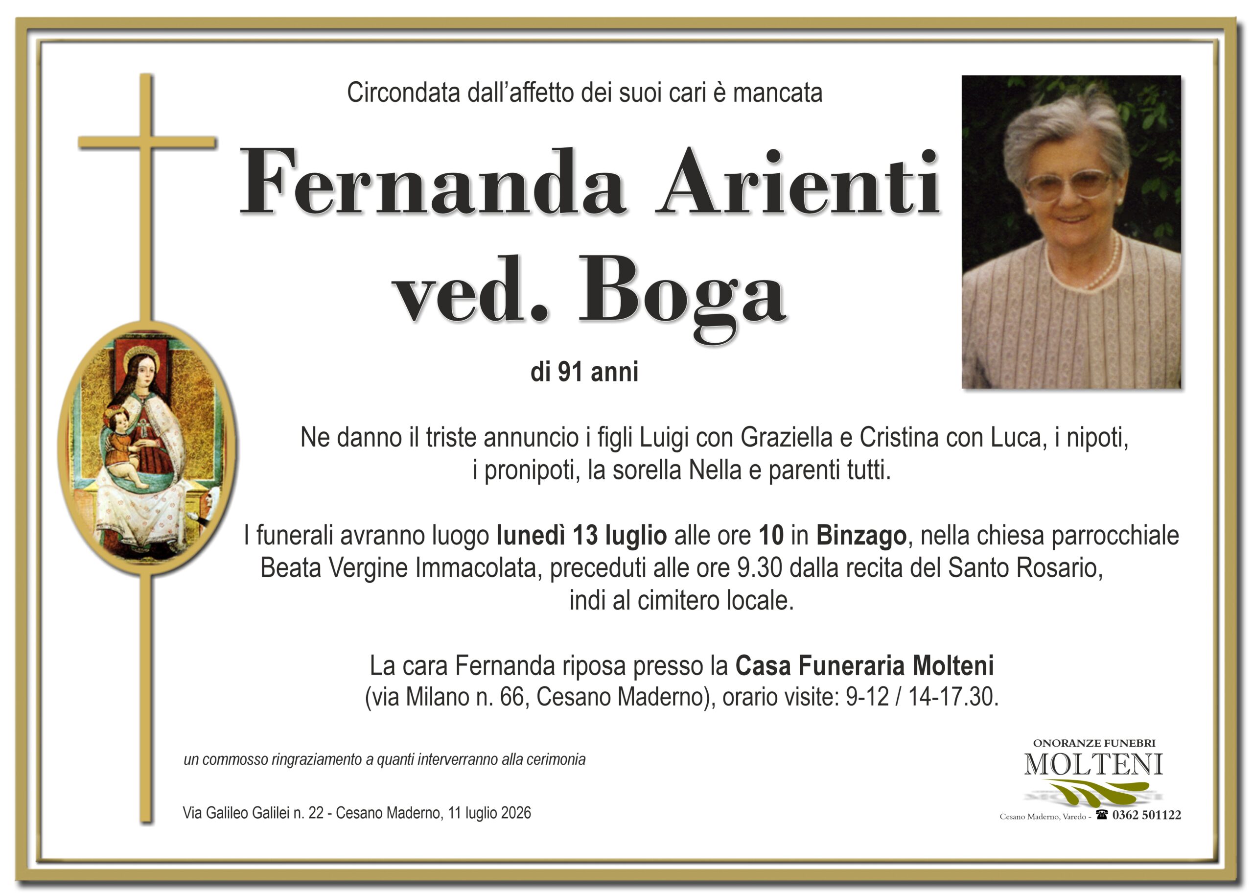 Fernanda Arienti<br>ved. Boga<p>Classe 1935<p>