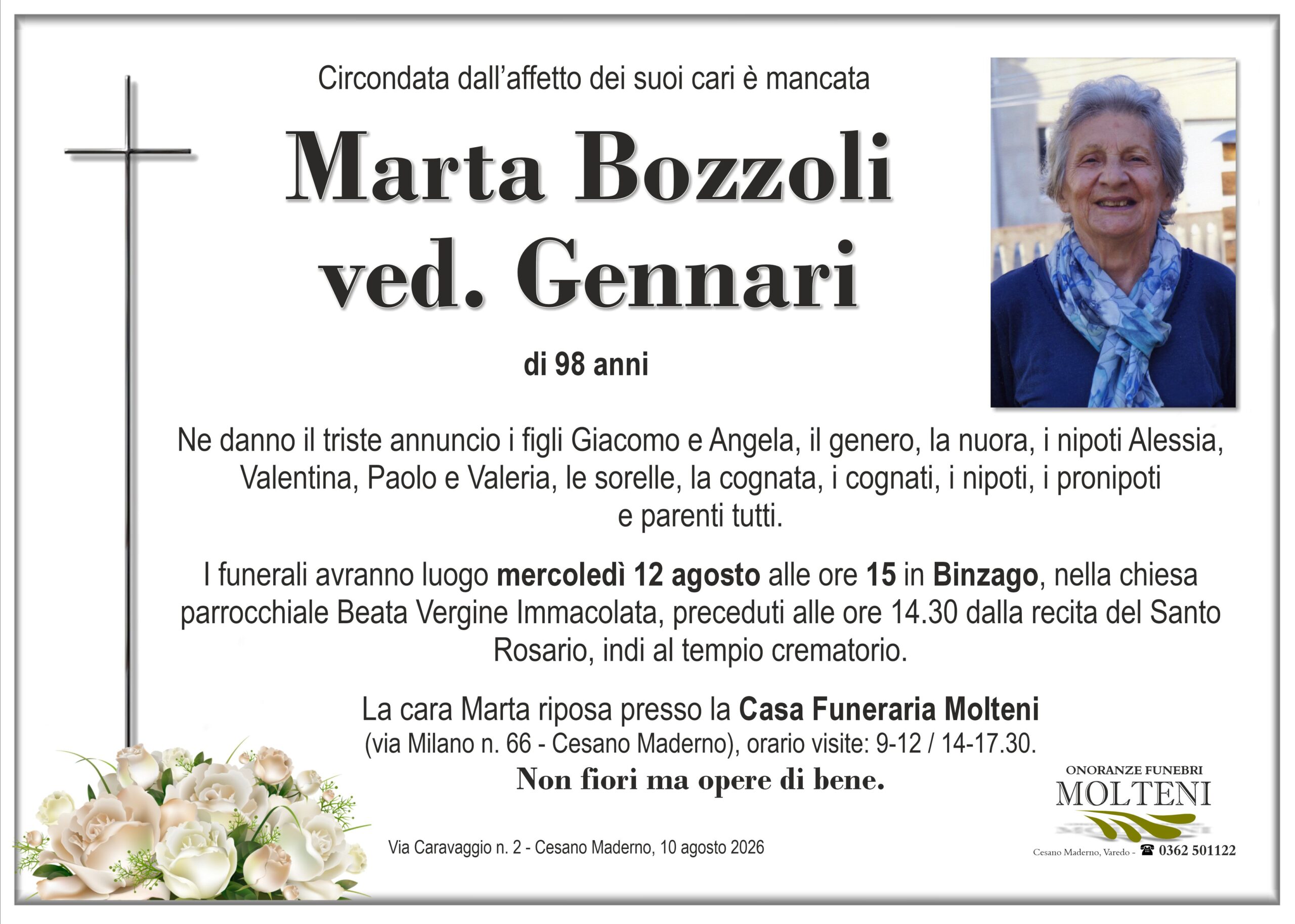 Marta Bozzoli<br>ved. Gennari<p>Classe 1927<p>