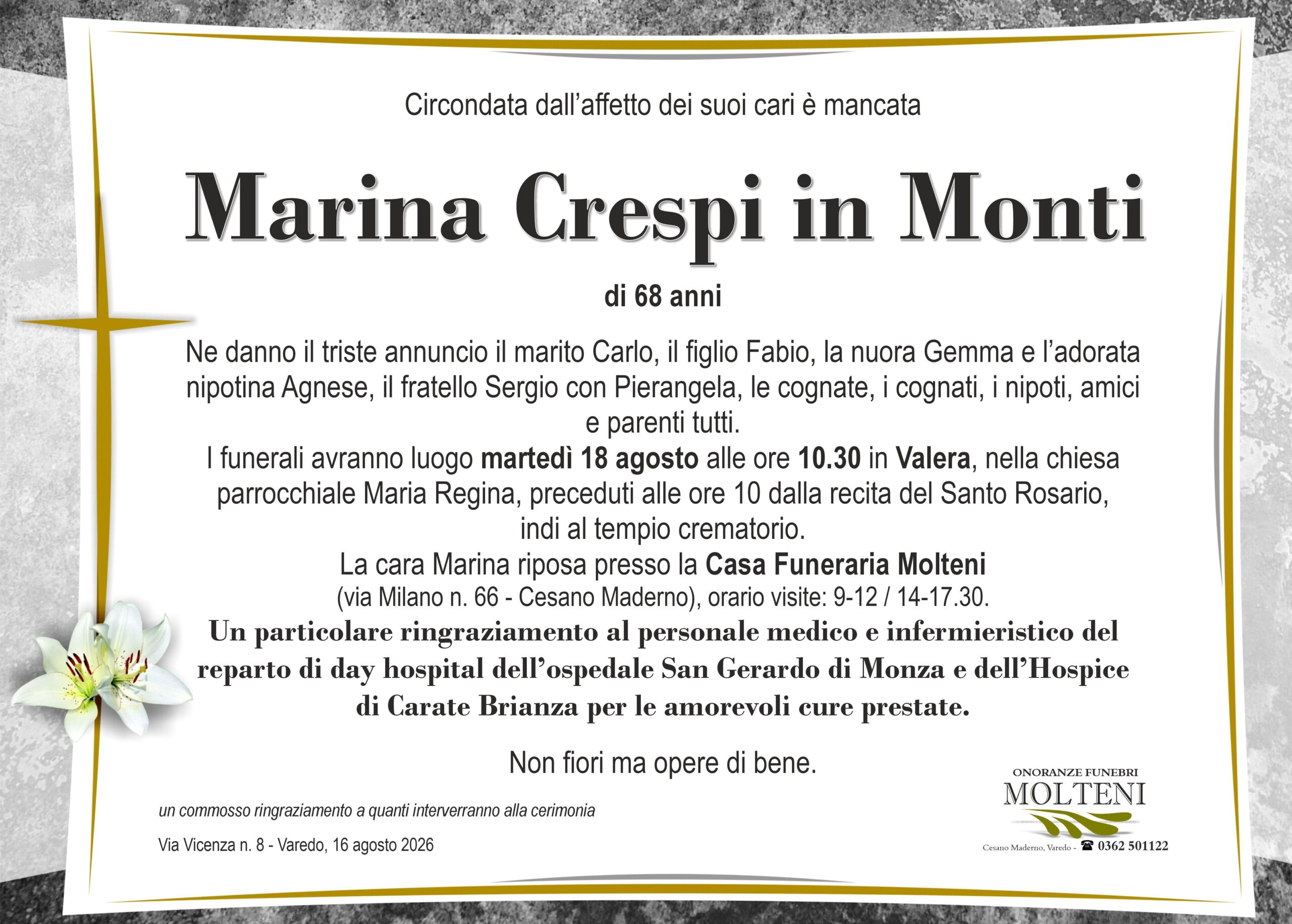 Marina Crespi<br>in Monti<p>Classe 1957<p>